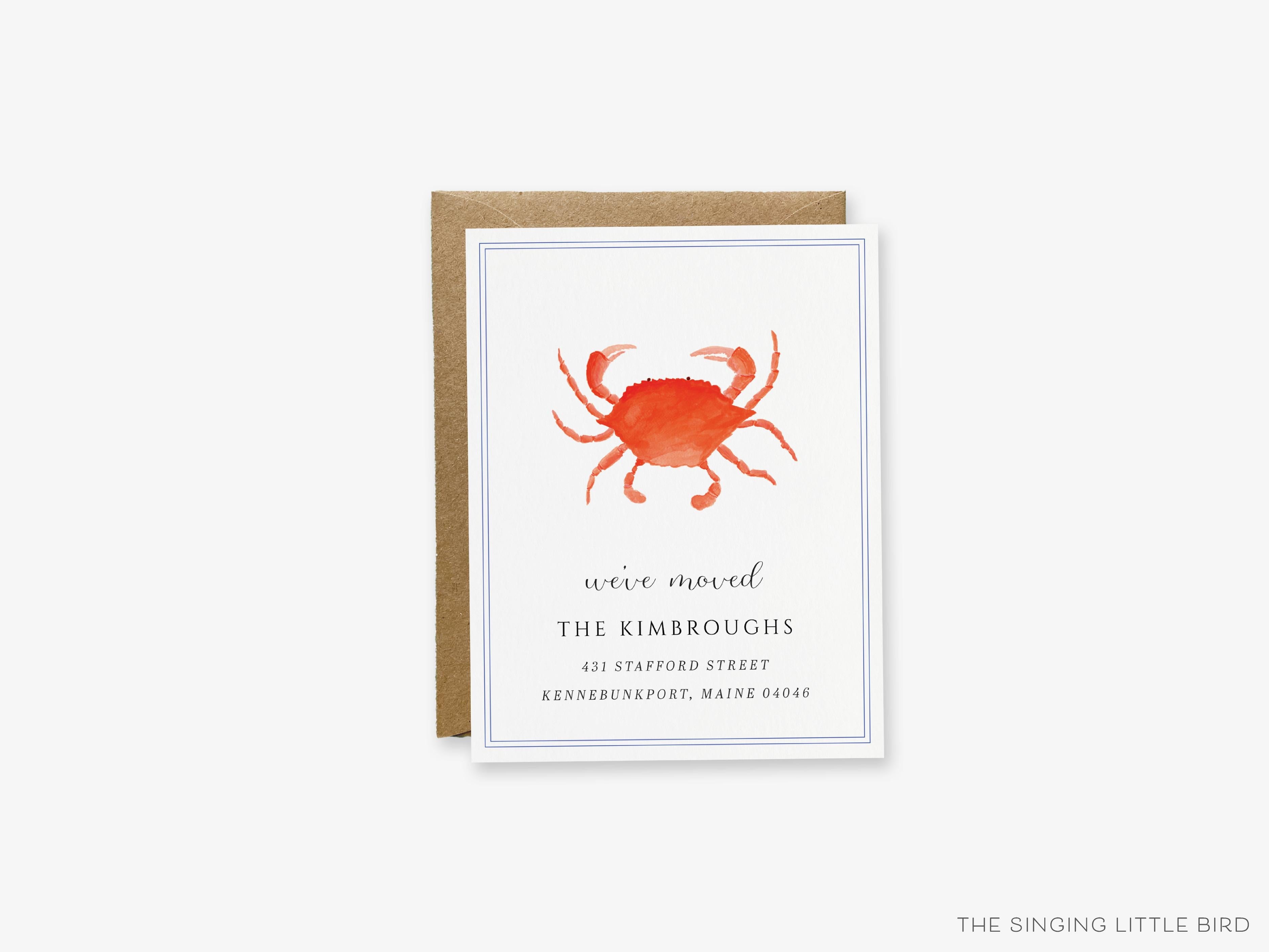 Crab Moving Announcement-These personalized flat change of address cards are 4.25x5.5 and feature our hand-painted watercolor crab, printed in the USA on 120lb textured stock. They come with your choice of envelopes and make great moving announcements for the crustacean lover.-The Singing Little Bird