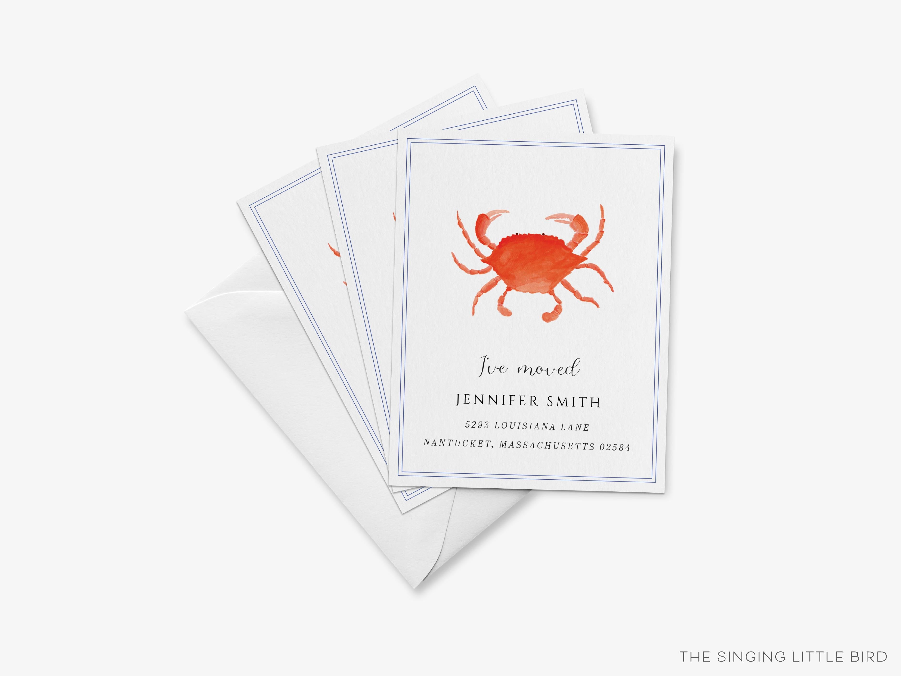 Crab Moving Announcement-These personalized flat change of address cards are 4.25x5.5 and feature our hand-painted watercolor crab, printed in the USA on 120lb textured stock. They come with your choice of envelopes and make great moving announcements for the crustacean lover.-The Singing Little Bird