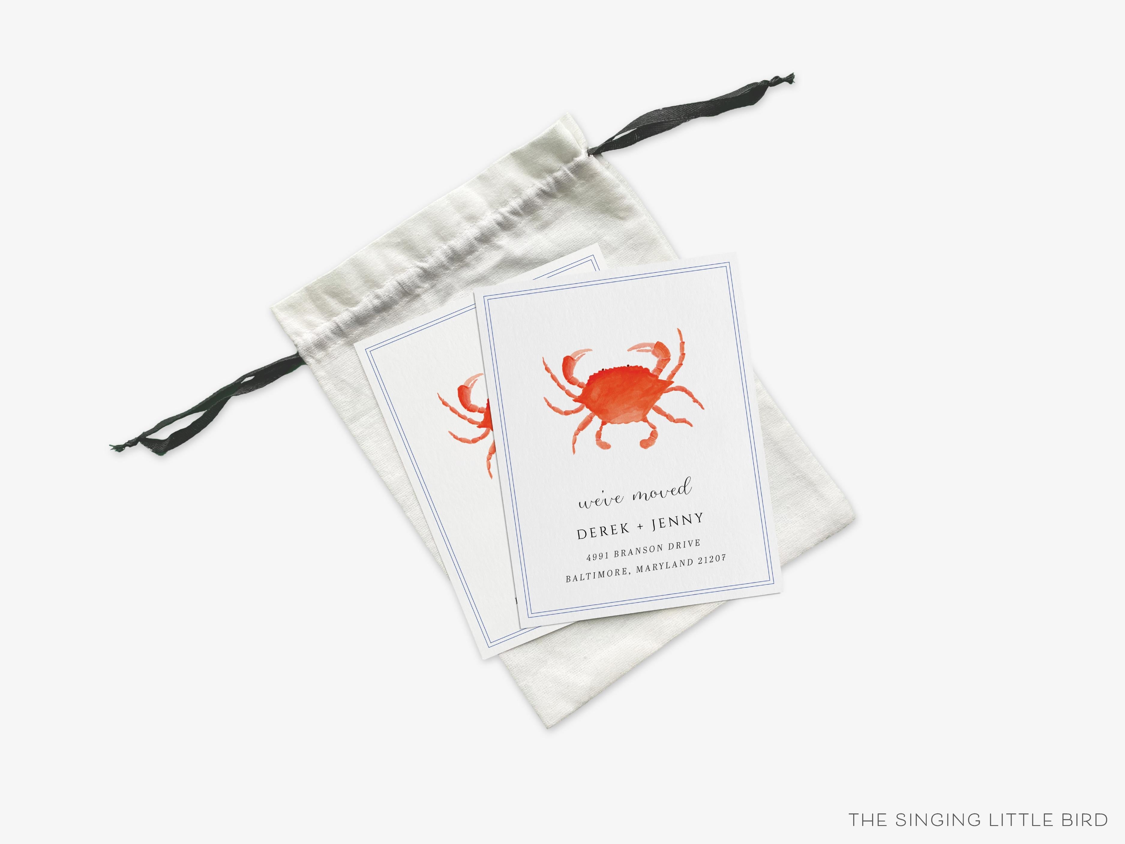 Crab Moving Announcement-These personalized flat change of address cards are 4.25x5.5 and feature our hand-painted watercolor crab, printed in the USA on 120lb textured stock. They come with your choice of envelopes and make great moving announcements for the crustacean lover.-The Singing Little Bird