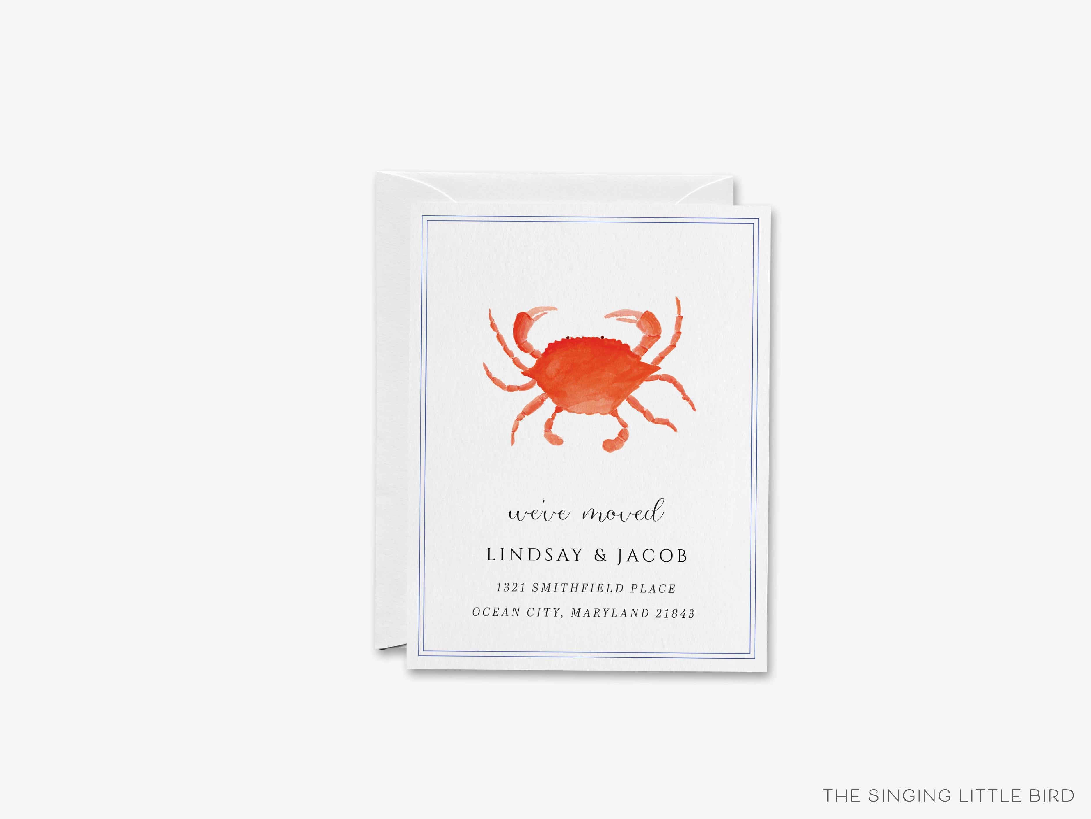 Crab Moving Announcement-These personalized flat change of address cards are 4.25x5.5 and feature our hand-painted watercolor crab, printed in the USA on 120lb textured stock. They come with your choice of envelopes and make great moving announcements for the crustacean lover.-The Singing Little Bird