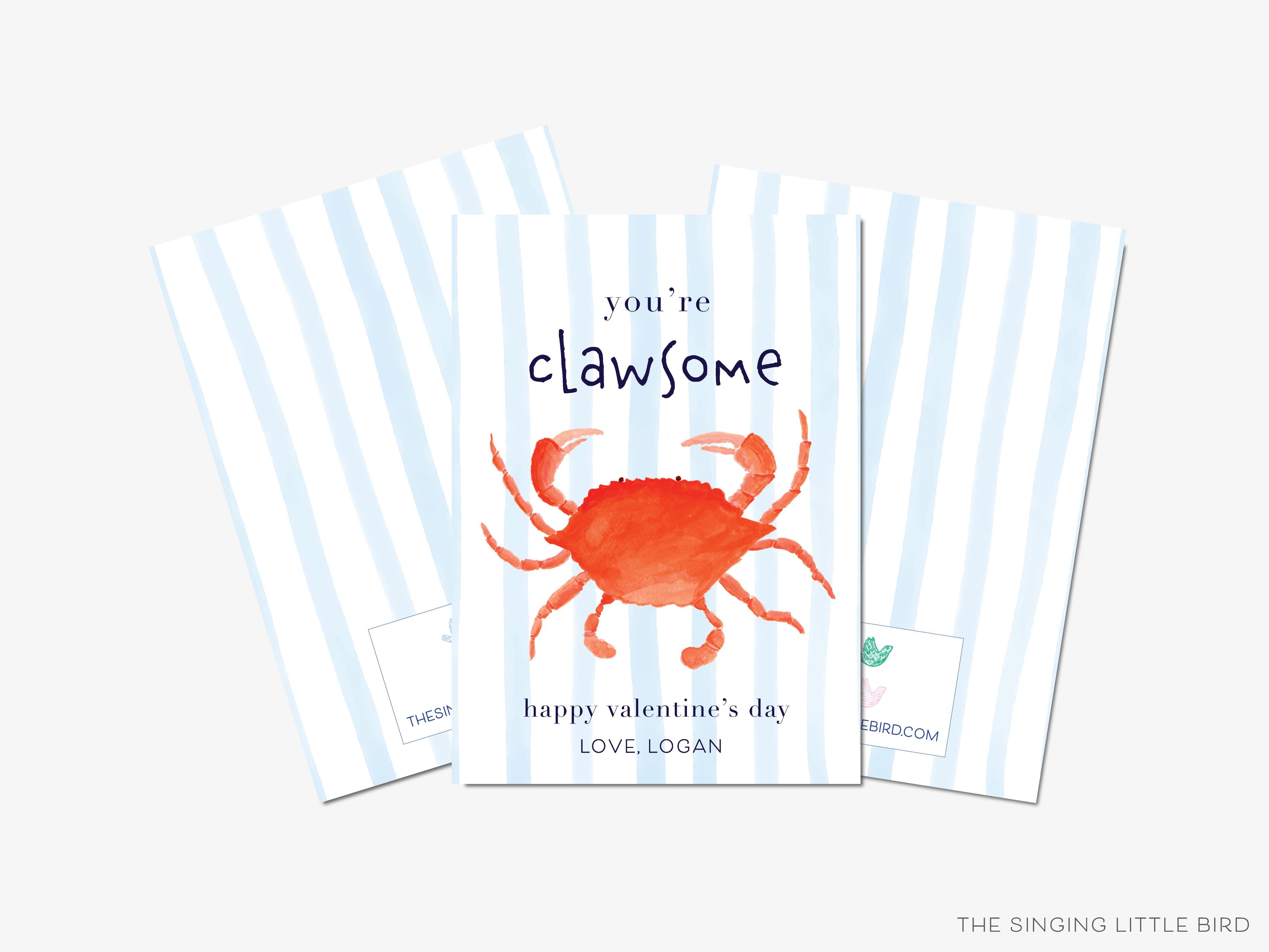 Crab Pun Valentine's Day Cards-These personalized flat notecards are 3.5" x 4.875 and feature our hand-painted watercolor crab, printed in the USA on 120lb textured stock. They come with white envelopes and make great Valentine's Day cards for kids and beach lovers in your life.-The Singing Little Bird