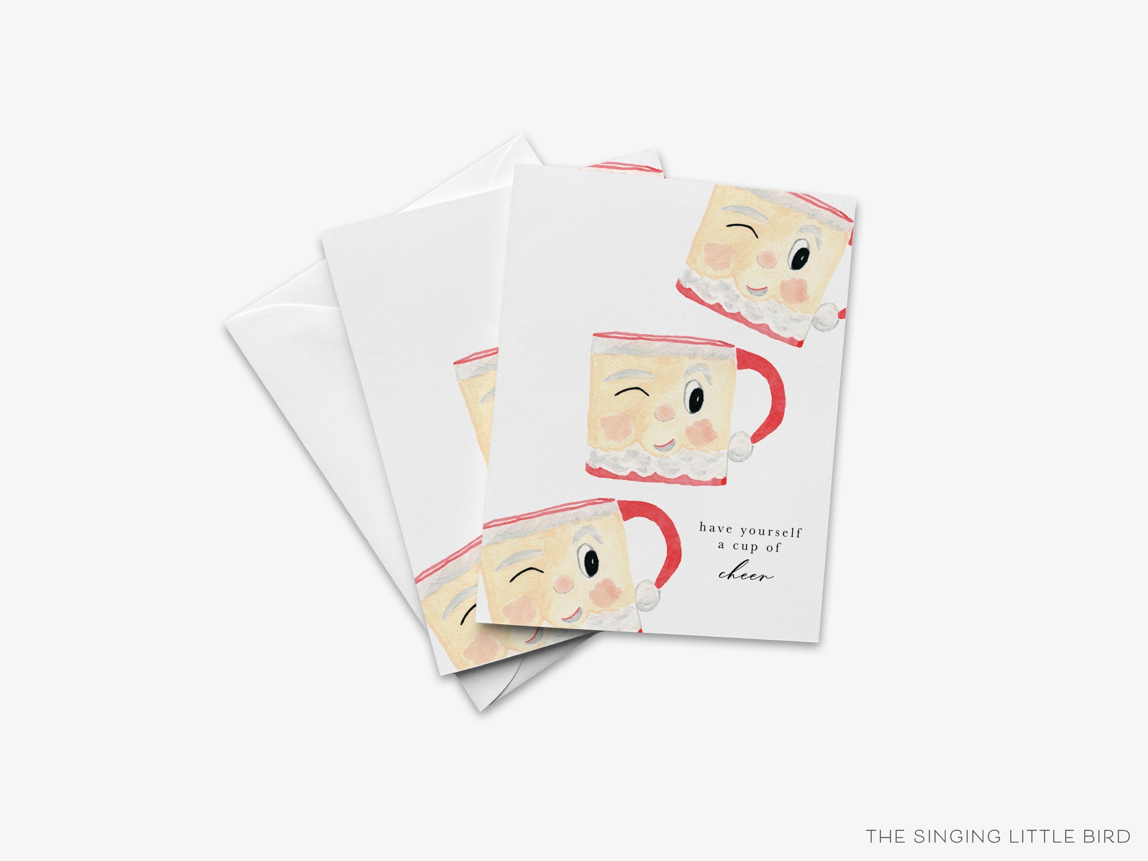 Cup Of Cheer Santa Mug Christmas Card-These folded greeting cards are 4.25x5.5 and feature our hand-painted Santa mugs, printed in the USA on 100lb textured stock. They come with a White envelope and make a great Christmas card for the Santa lover in your life.-The Singing Little Bird