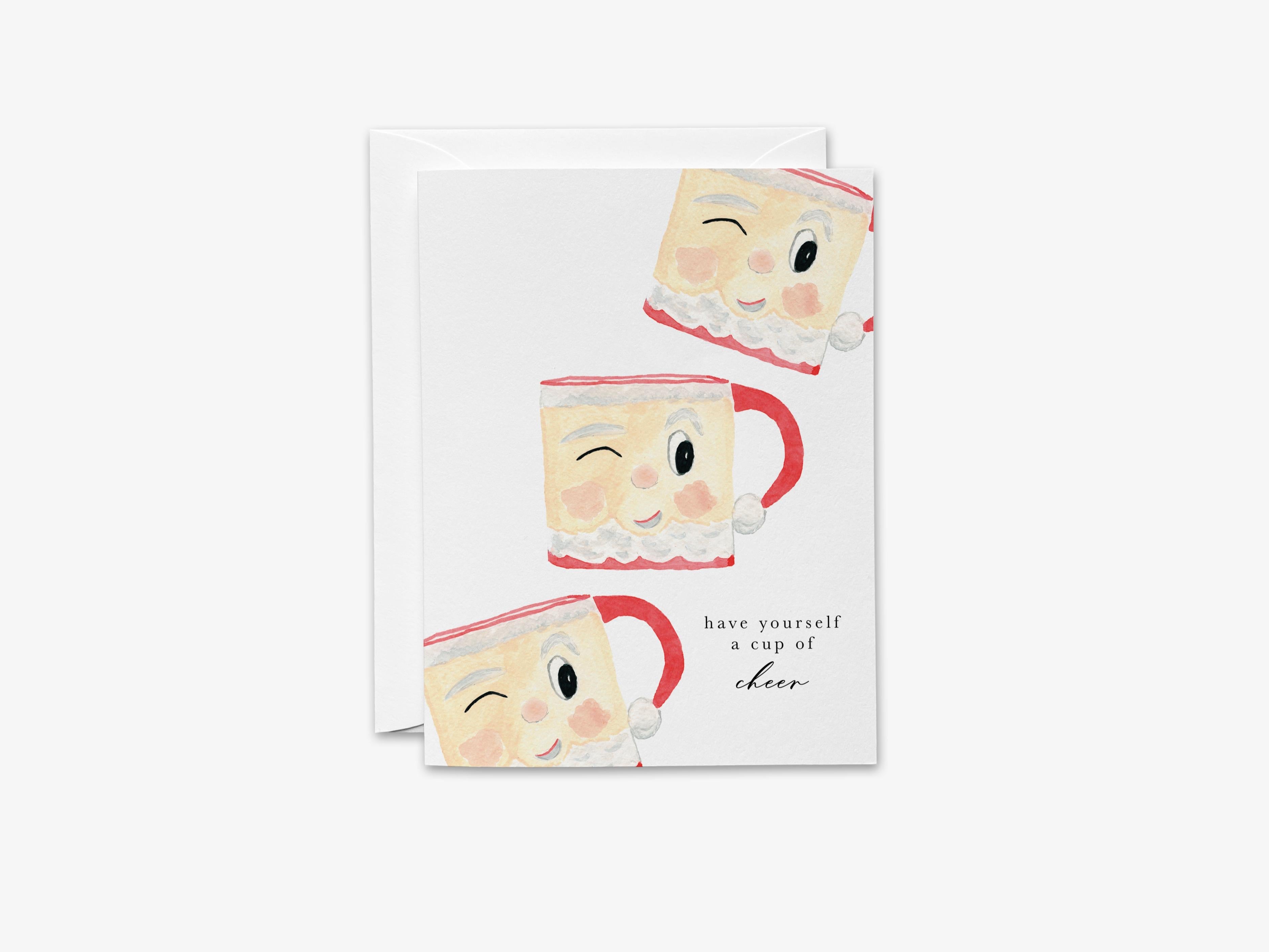 Cup Of Cheer Santa Mug Christmas Card-These folded greeting cards are 4.25x5.5 and feature our hand-painted Santa mugs, printed in the USA on 100lb textured stock. They come with a White envelope and make a great Christmas card for the Santa lover in your life.-The Singing Little Bird