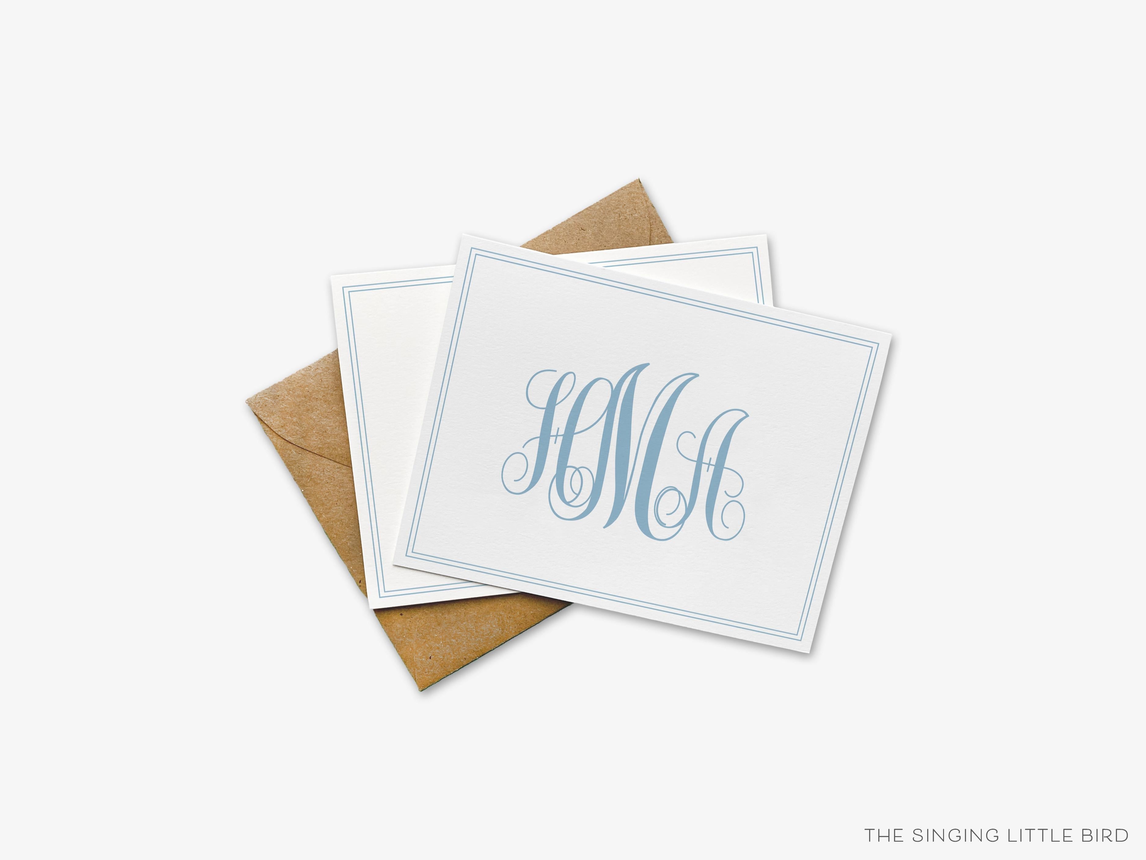 Curly Monogram Greeting Cards-These folded greeting cards are 4.25x5.5 and feature our hand-painted curly print, printed in the USA on 100lb textured stock. They come with a White or Kraft envelope and make a great thank you or just because card personalized with your monogram.-The Singing Little Bird