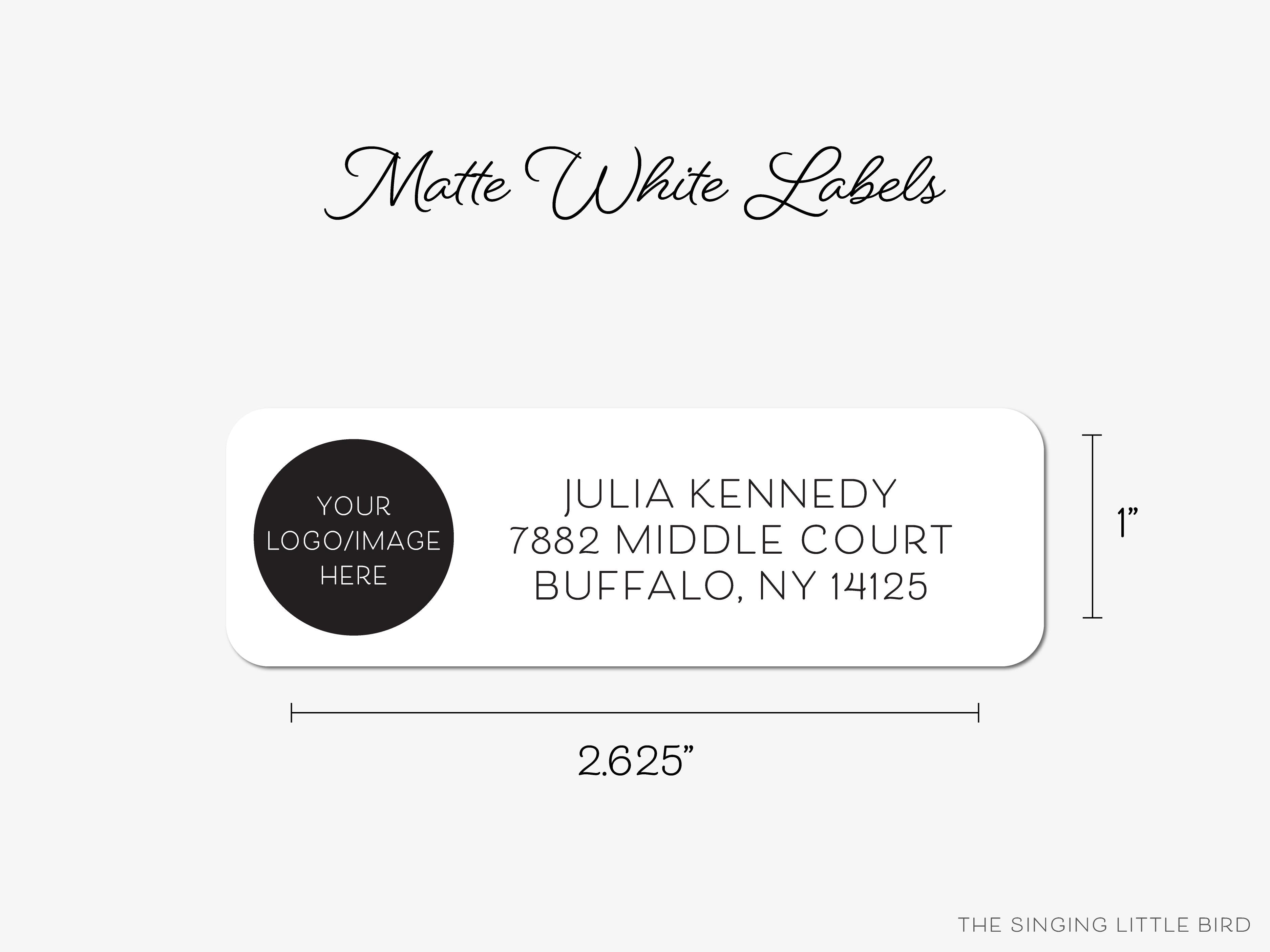 Custom Design Return Address Labels-These personalized return address labels are 2.625" x 1" and feature your custom design or logo, printed in the USA on beautiful matte finish labels. These make great gifts for yourself or your business.-The Singing Little Bird