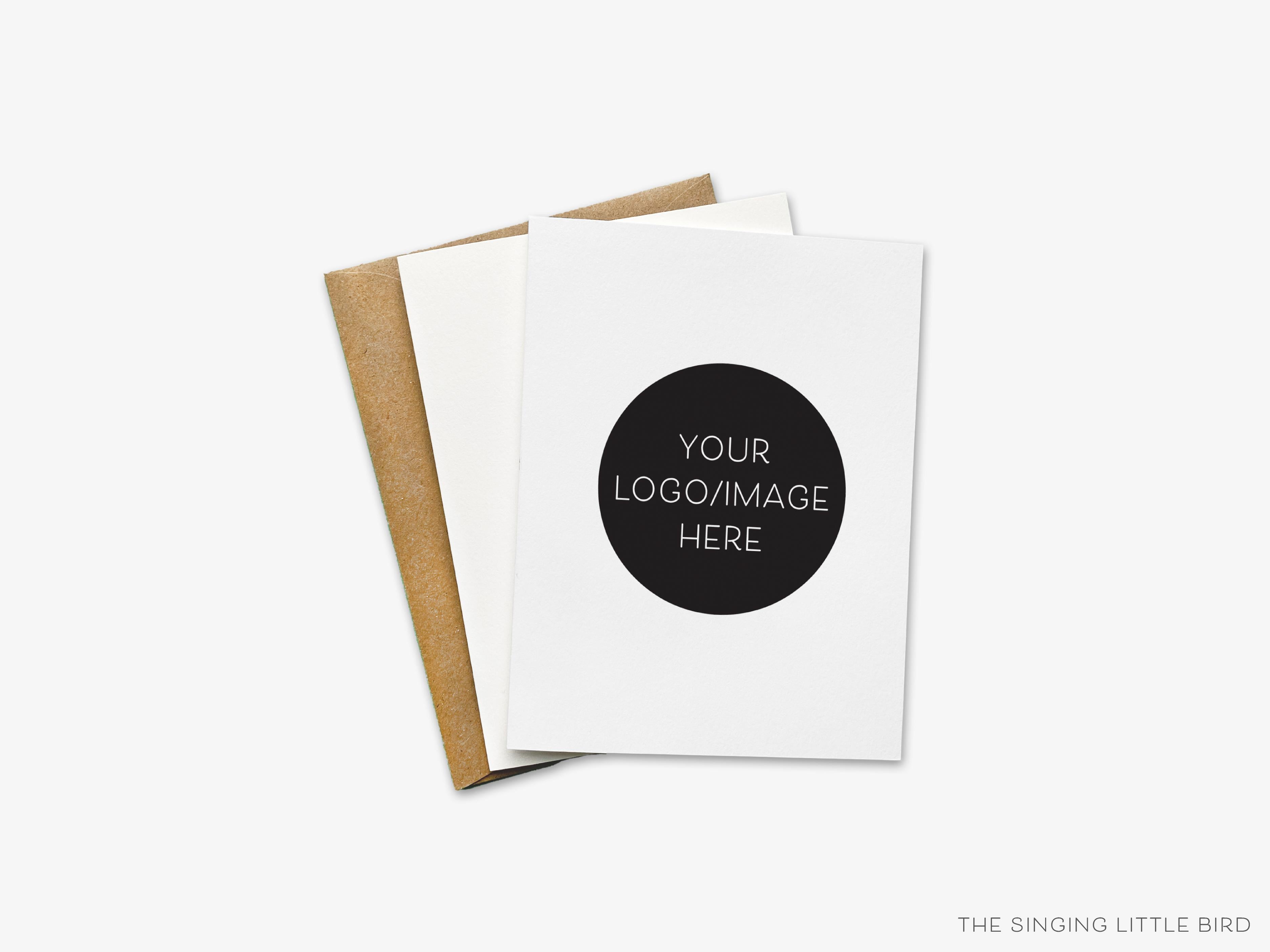 Custom Design/Logo Folded Cards-These folded greeting cards are 4.25x5.5 and feature your custom design or logo, printed in the USA on 100lb textured stock. They come with White or Kraft envelopes.-The Singing Little Bird