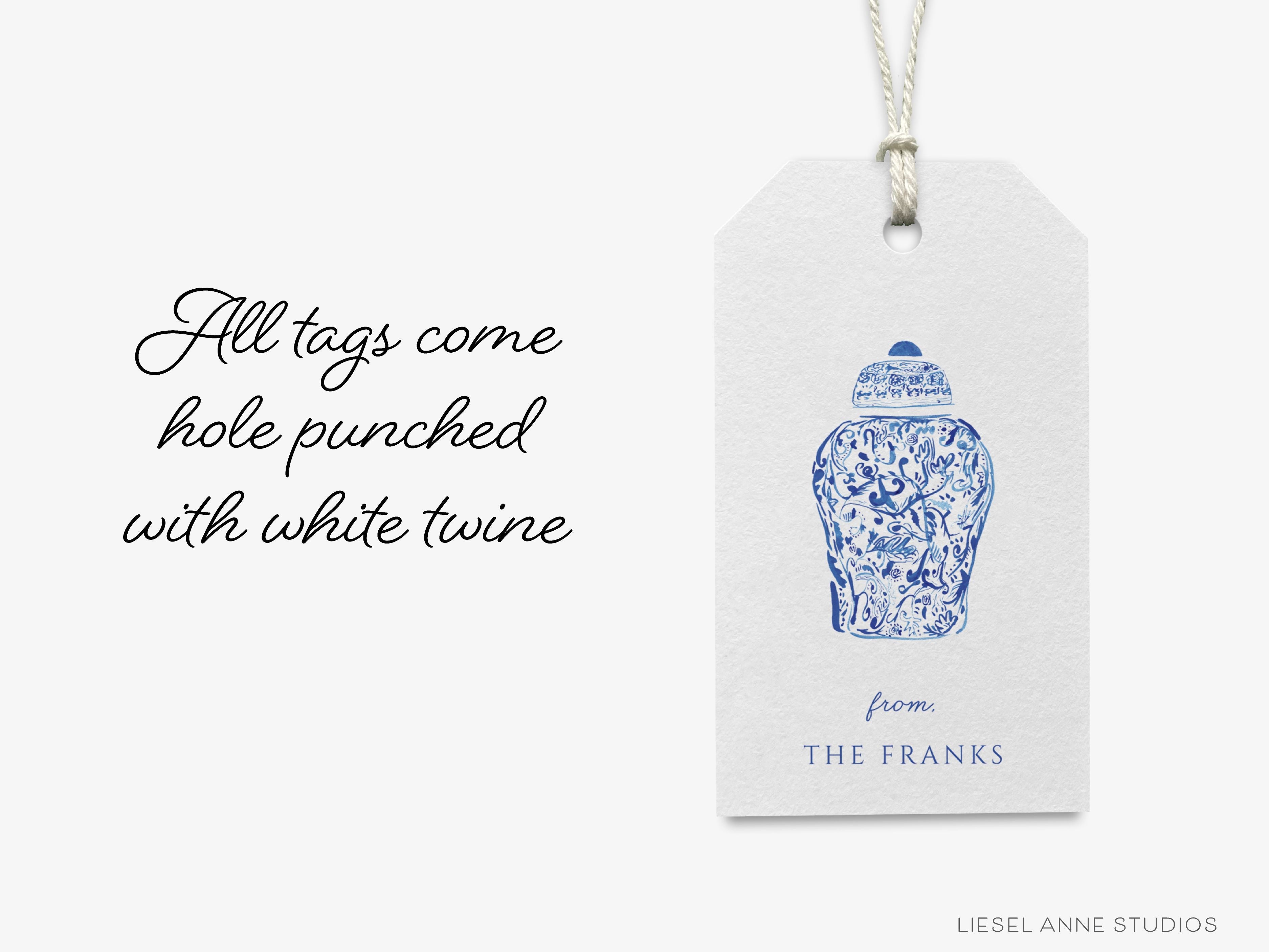 Custom Ginger Jar Gift Tags-These personalized gift tags come in sets, hole-punched with white twine and feature our hand-painted watercolor ginger jars, printed in the USA on 120lb textured stock. They make great tags for gifting or gifts for the chinoiserie lover in your life.-The Singing Little Bird