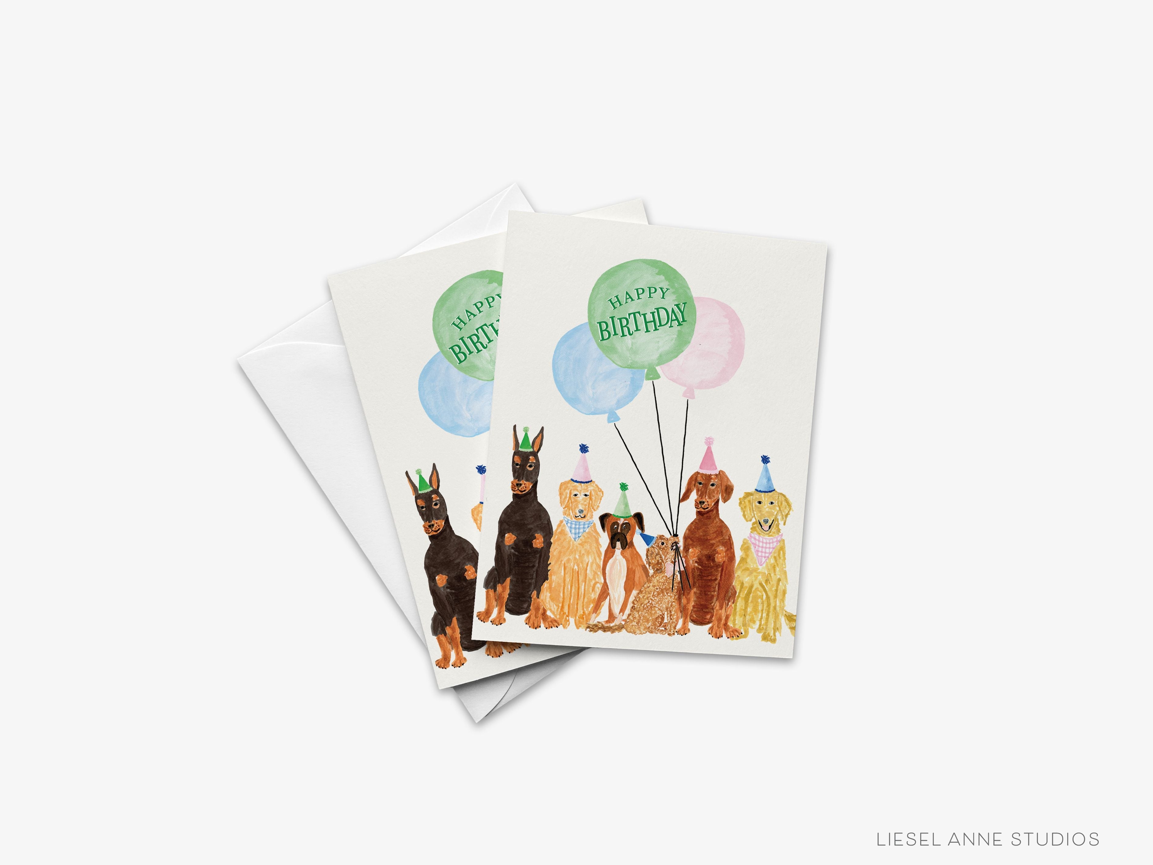 Dog Lovers Birthday Card-These folded cheers cards are 4.25x5.5 and feature our hand-painted watercolor dogs, balloons and party hats, printed in the USA on 100lb textured stock. They come with a white envelope and make a great birthday card for the dog lover in your life.-The Singing Little Bird