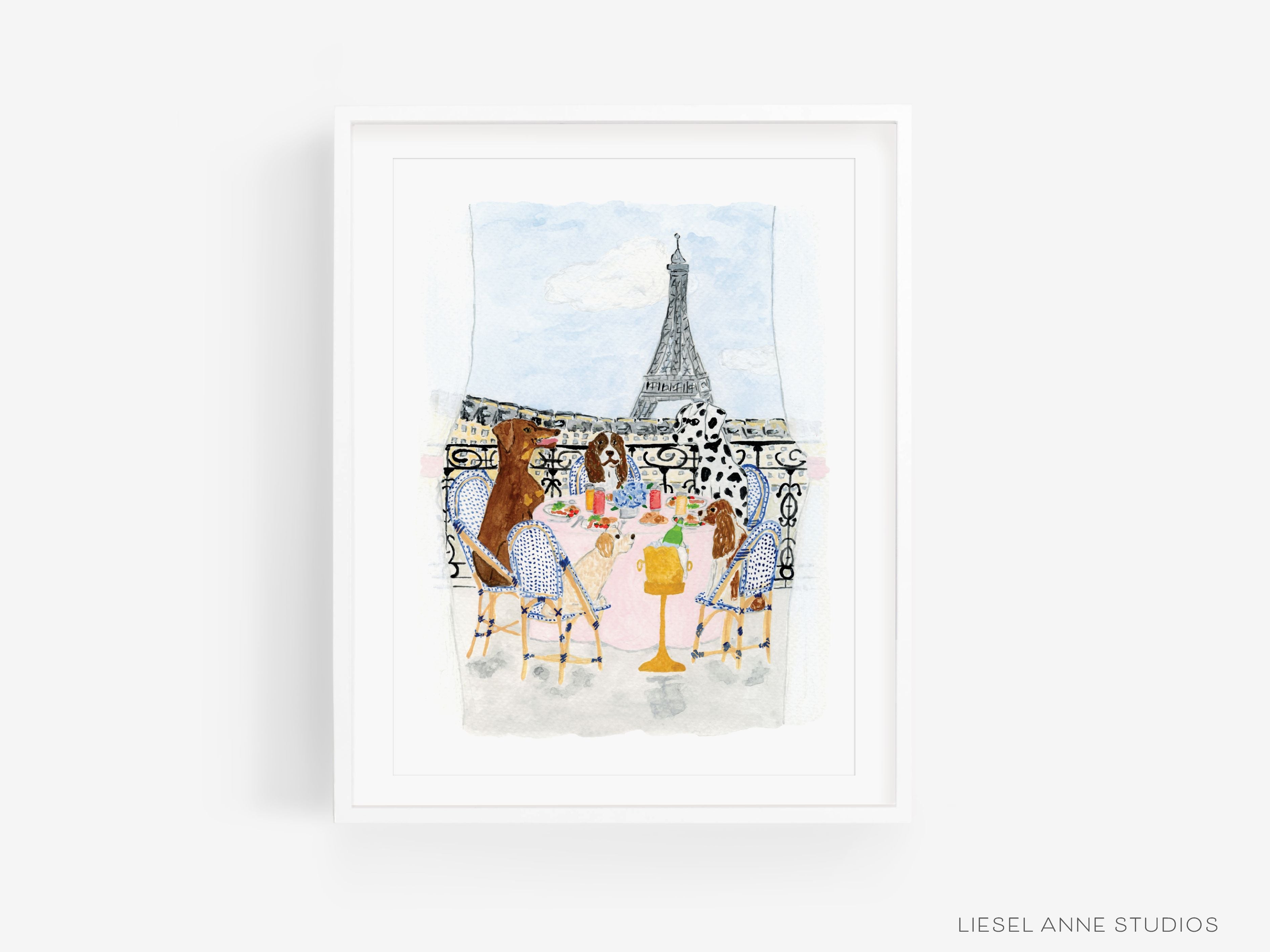 Dogs Brunching in Paris Art Print-This watercolor art print features our hand-painted Dogs brunching in Paris scene, printed in the USA on 120lb high quality art paper. This makes a great gift or wall decor for the Paris and dog lover in your life.-The Singing Little Bird