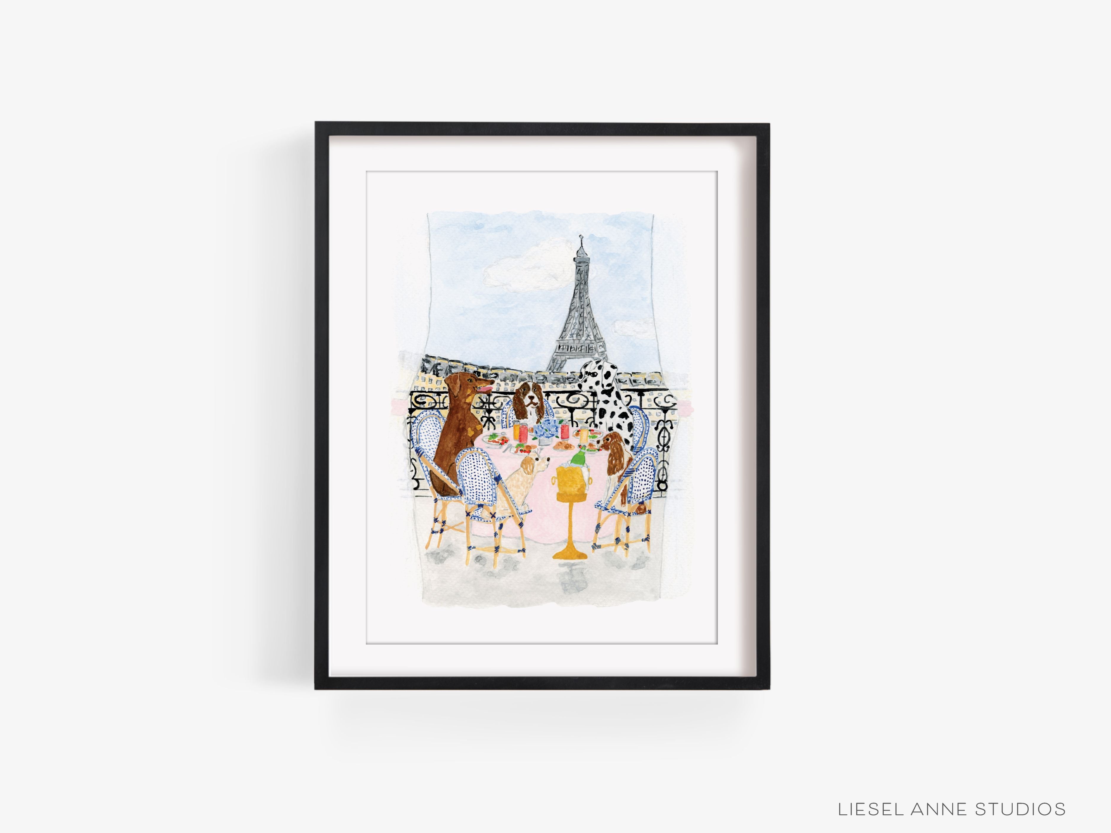 Dogs Brunching in Paris Art Print-This watercolor art print features our hand-painted Dogs brunching in Paris scene, printed in the USA on 120lb high quality art paper. This makes a great gift or wall decor for the Paris and dog lover in your life.-The Singing Little Bird