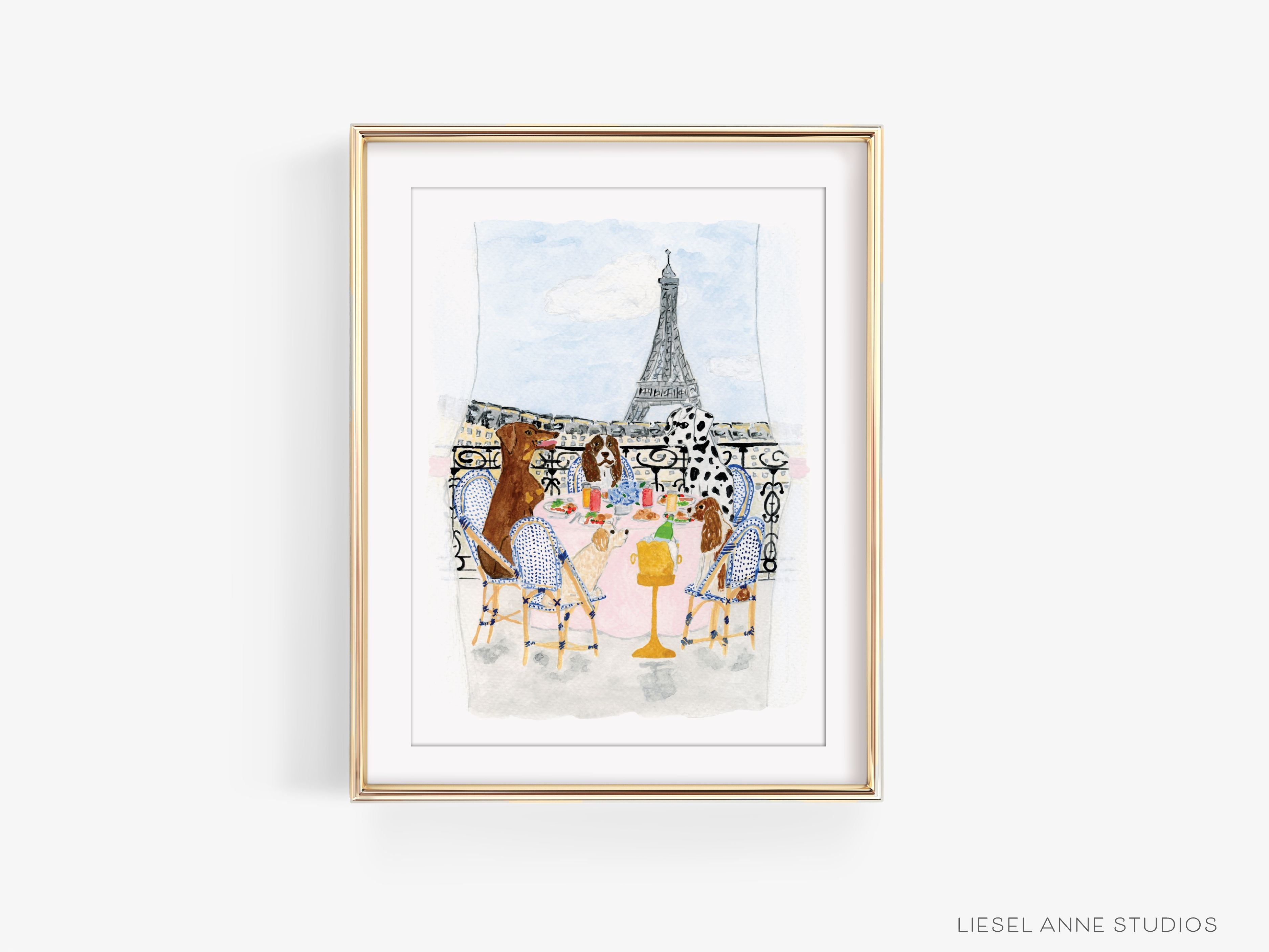 Dogs Brunching in Paris Art Print-This watercolor art print features our hand-painted Dogs brunching in Paris scene, printed in the USA on 120lb high quality art paper. This makes a great gift or wall decor for the Paris and dog lover in your life.-The Singing Little Bird