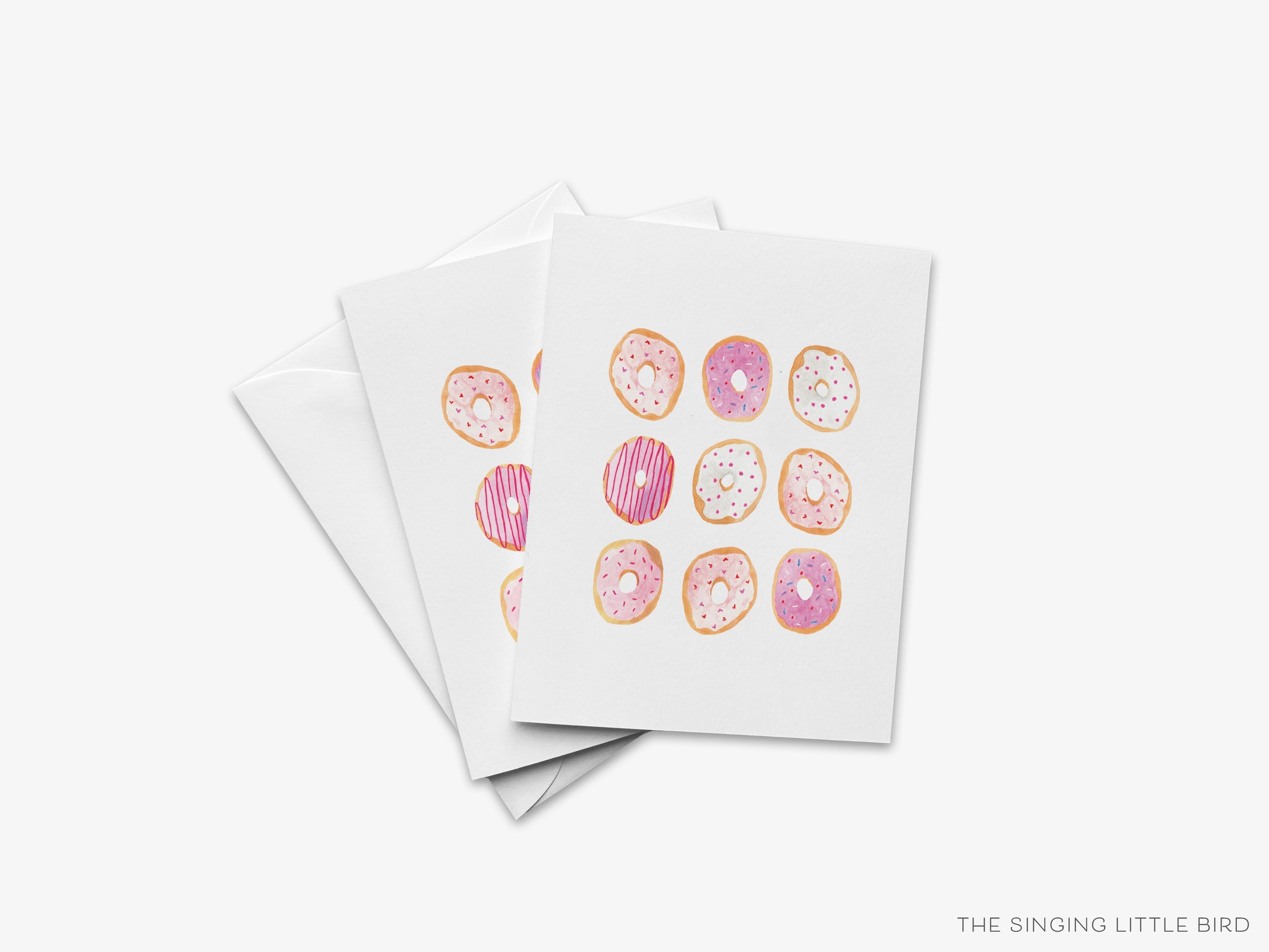 Donut Greeting Card-These folded greeting cards 4.25x5.5 and feature our hand-painted donut, printed in the USA on 100lb textured stock. They come with a White envelope and make a great thinking of you card for the sweet tooth lover in your life.-The Singing Little Bird