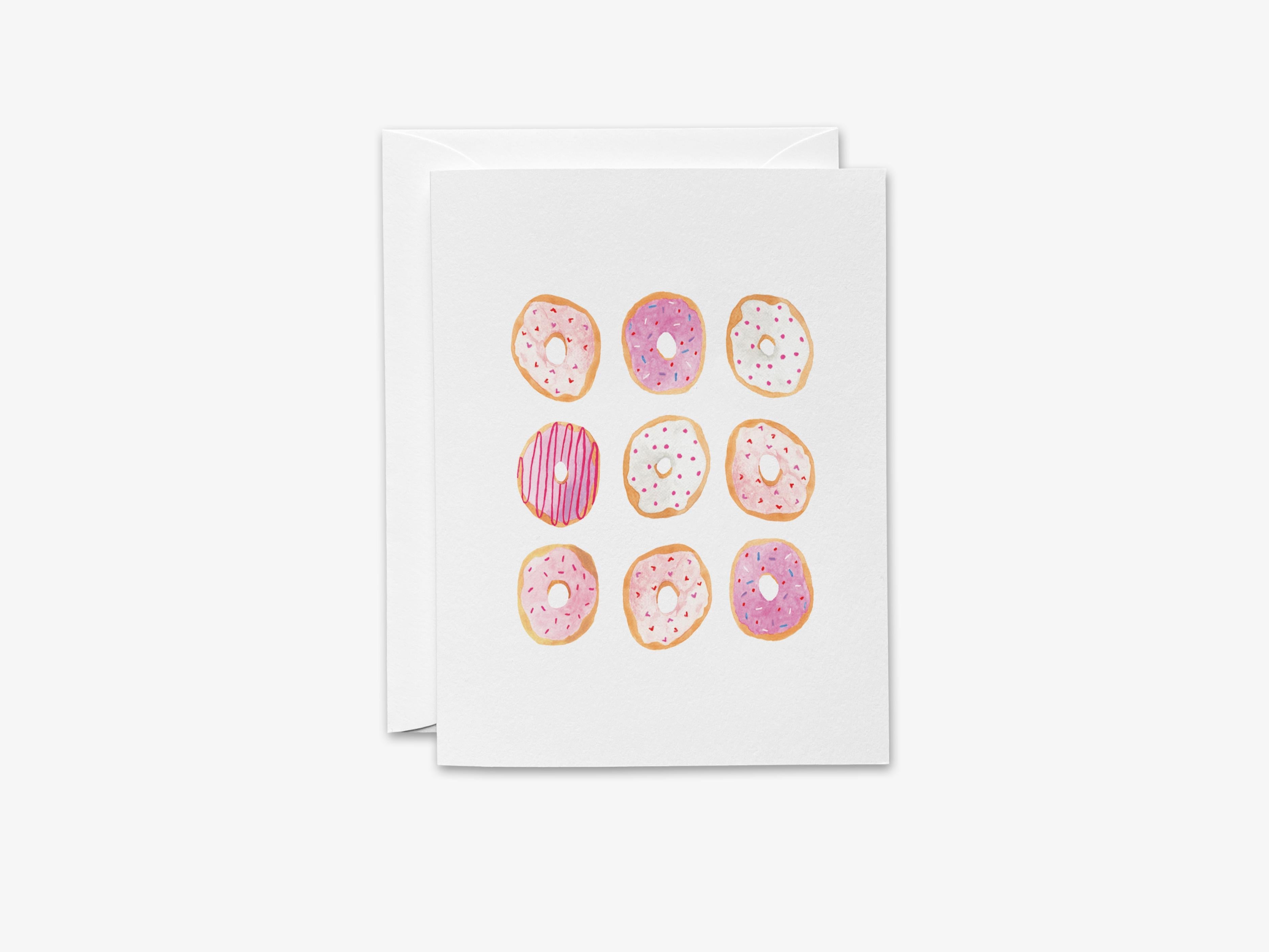 Donut Greeting Card-These folded greeting cards 4.25x5.5 and feature our hand-painted donut, printed in the USA on 100lb textured stock. They come with a White envelope and make a great thinking of you card for the sweet tooth lover in your life.-The Singing Little Bird