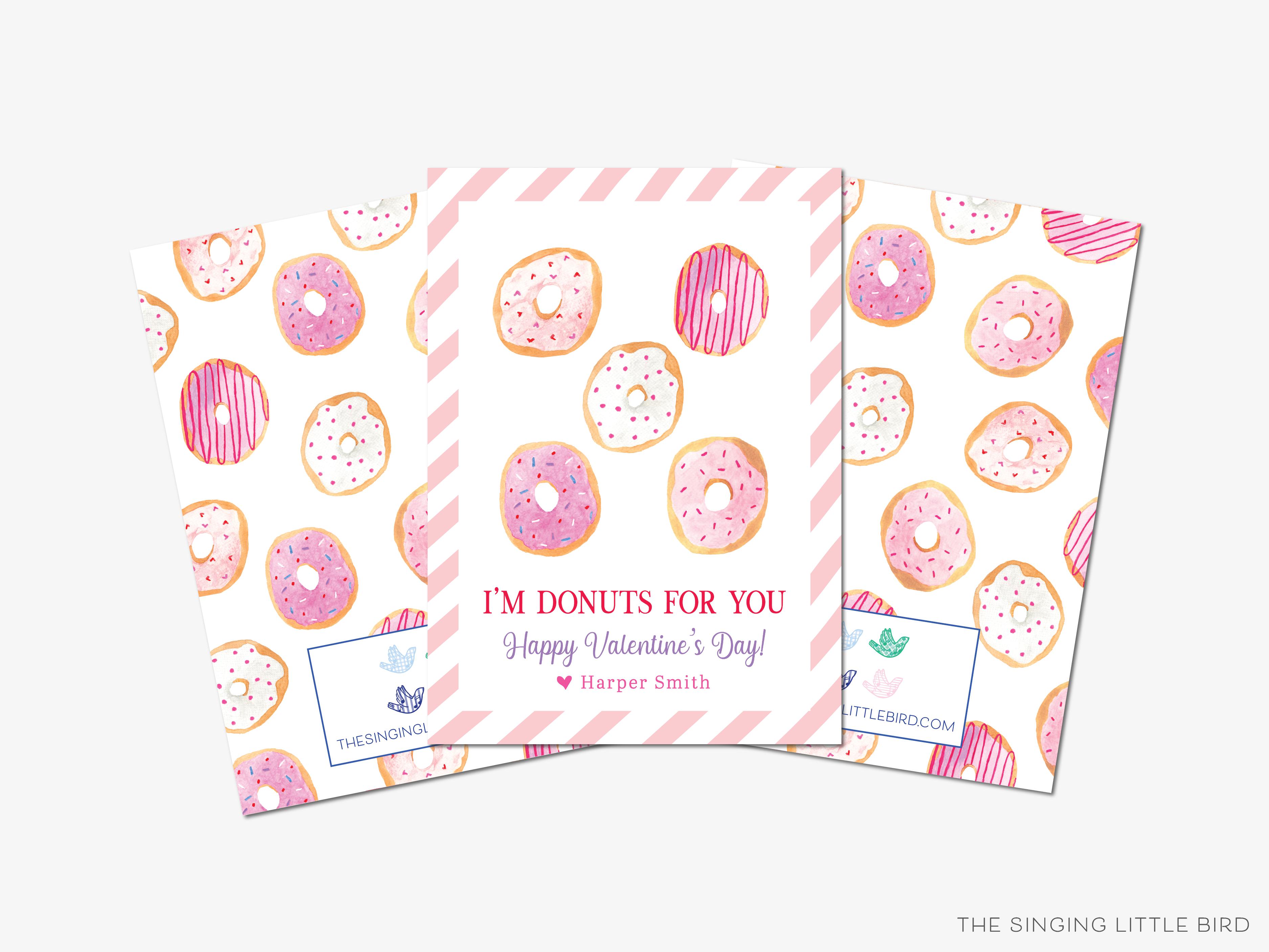 Donut Valentine's Day Cards-These personalized flat notecards are 3.5" x 4.875 and feature our hand-painted watercolor donuts, printed in the USA on 120lb textured stock. They come with white envelopes and make great Valentine's Day cards for kids and sweet tooth lovers in your life.-The Singing Little Bird