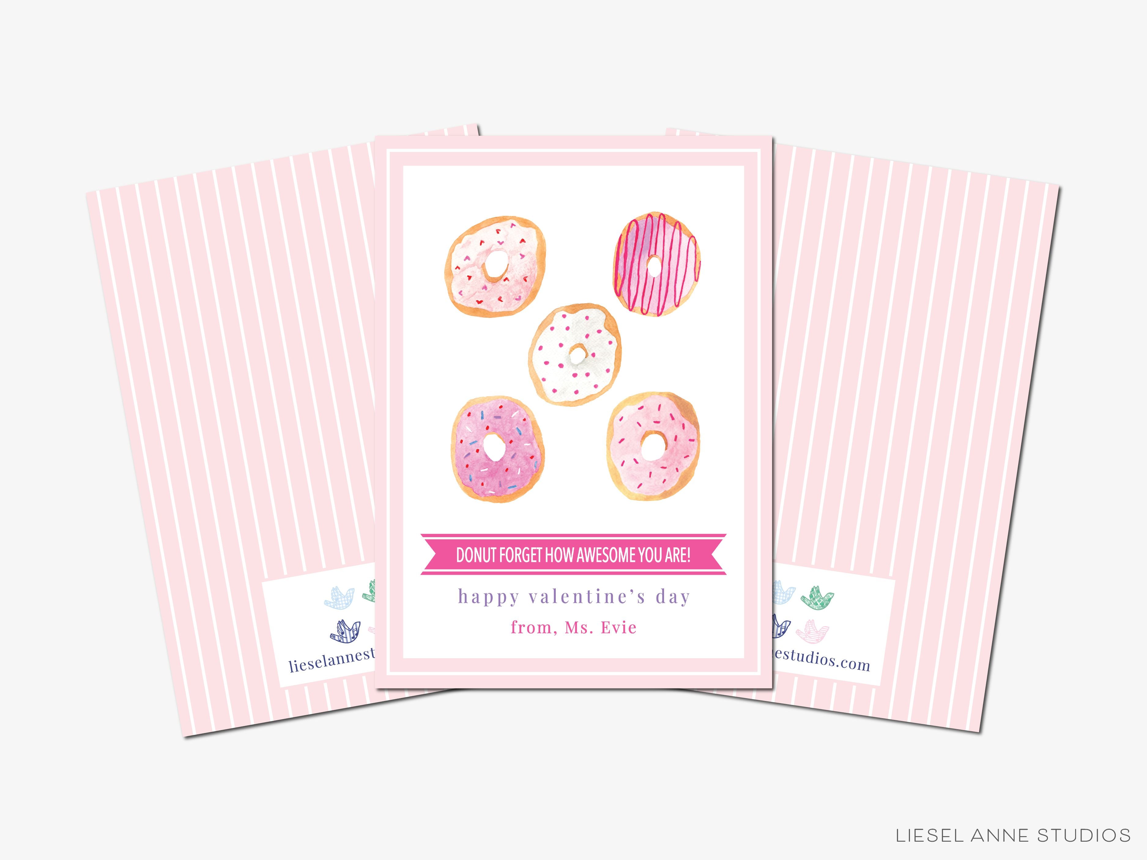 Donut Valentine's Day Cards-These personalized flat notecards are 3.5" x 4.875 and feature our hand-painted watercolor donuts, printed in the USA on 120lb textured stock. They come with white envelopes and make great Valentine's Day cards for kids and sweet tooth lovers in your life.-The Singing Little Bird