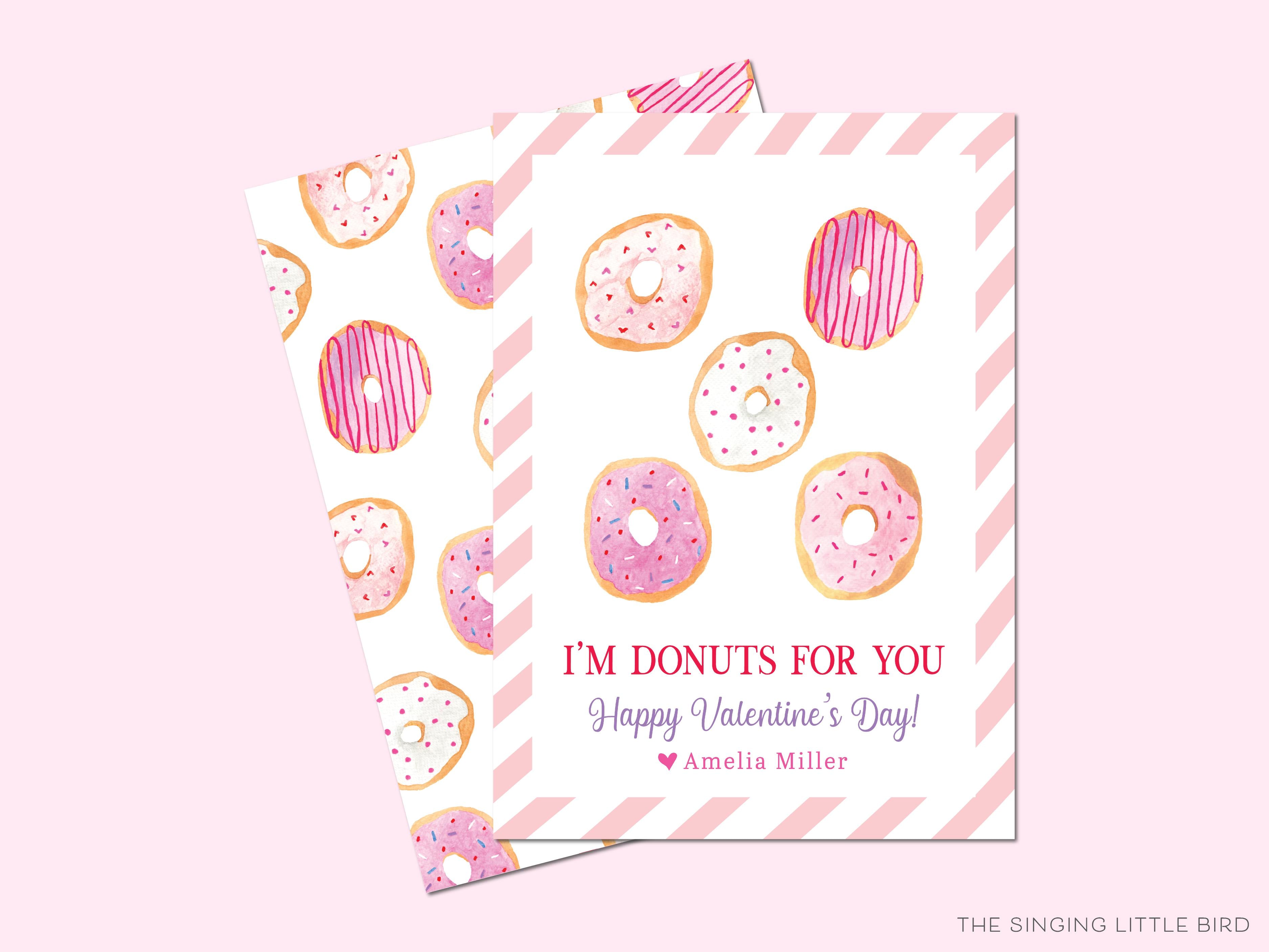 Donut Valentine's Day Cards-These personalized flat notecards are 3.5" x 4.875 and feature our hand-painted watercolor donuts, printed in the USA on 120lb textured stock. They come with white envelopes and make great Valentine's Day cards for kids and sweet tooth lovers in your life.-The Singing Little Bird