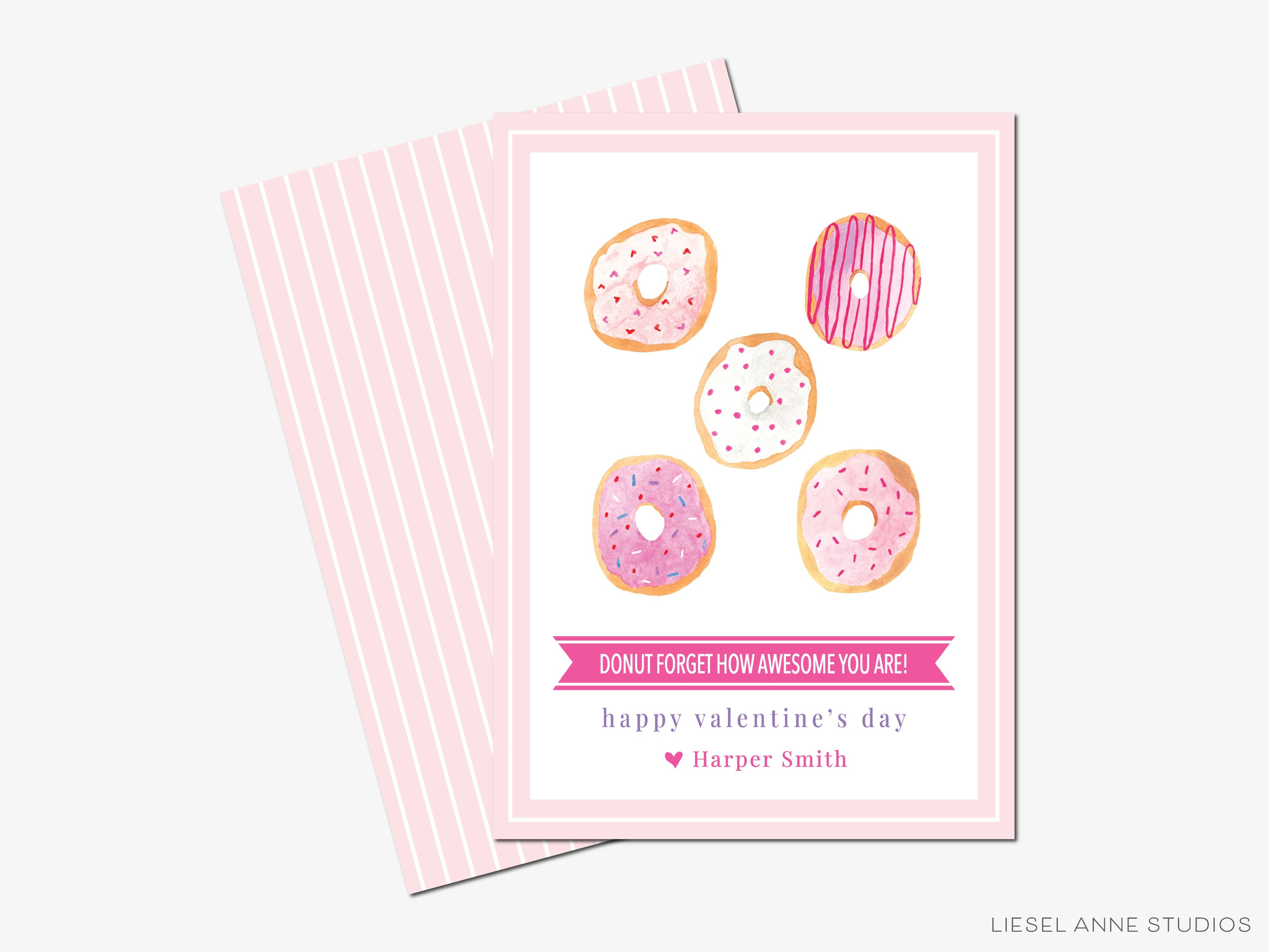 Donut Valentine's Day Cards-These personalized flat notecards are 3.5" x 4.875 and feature our hand-painted watercolor donuts, printed in the USA on 120lb textured stock. They come with white envelopes and make great Valentine's Day cards for kids and sweet tooth lovers in your life.-The Singing Little Bird