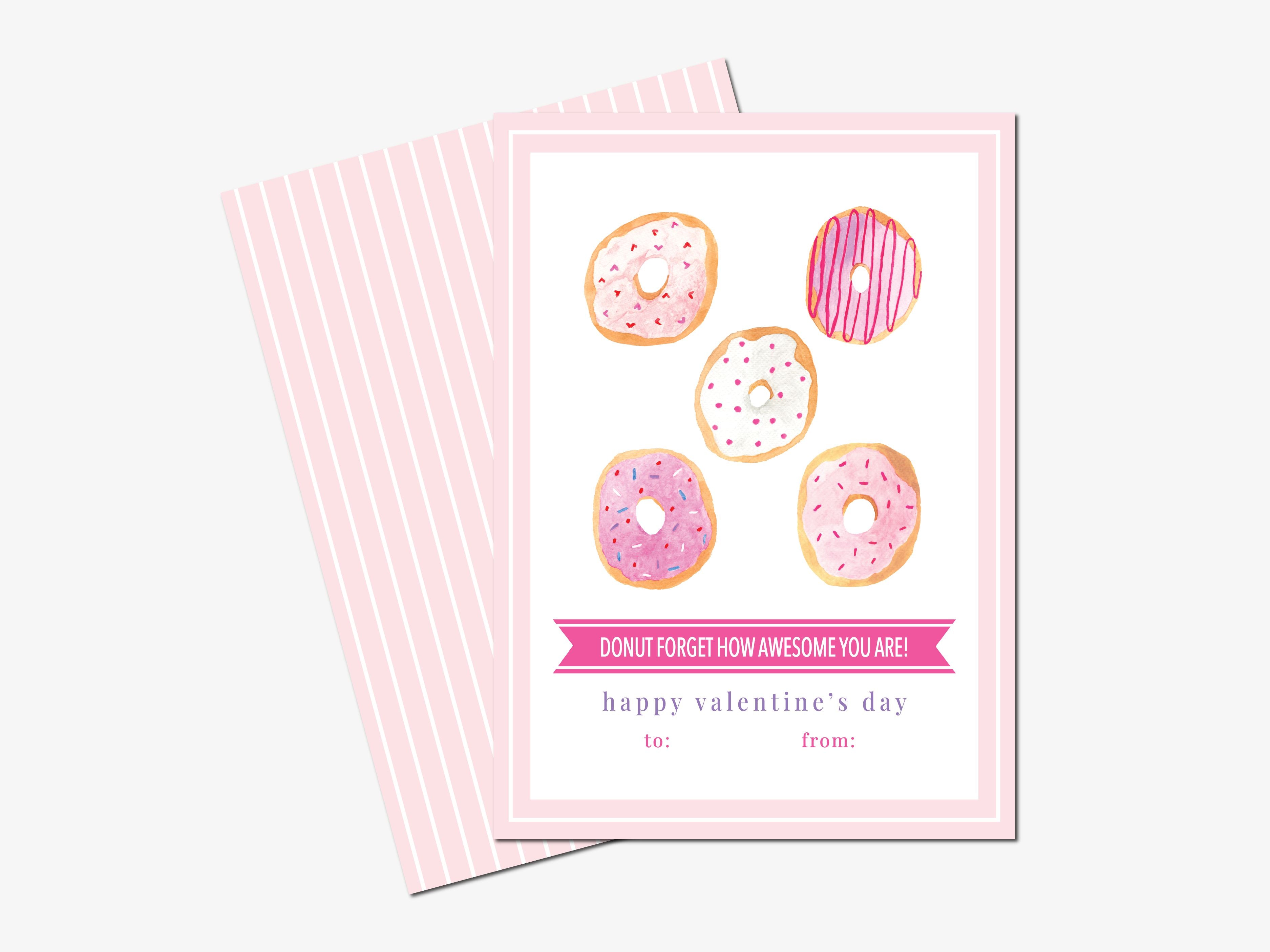 Donut Valentine's Day Cards-These personalized flat notecards are 3.5" x 4.875 and feature our hand-painted watercolor donuts, printed in the USA on 120lb textured stock. They come with white envelopes and make great Valentine's Day cards for kids and sweet tooth lovers in your life.-The Singing Little Bird