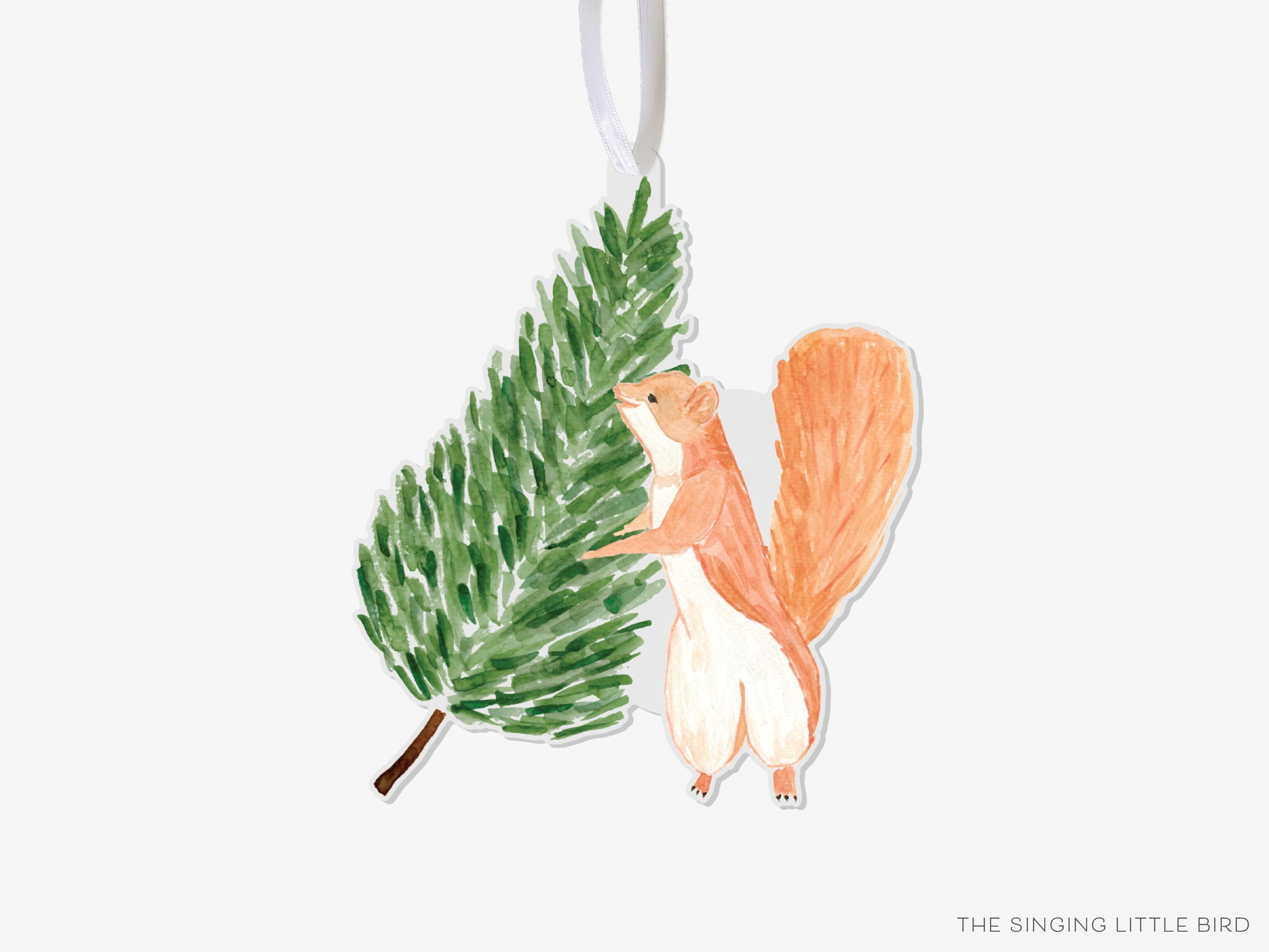 Earl The Tree Squirrel Acrylic Ornament-These acrylic ornaments feature our hand-painted watercolor squirrel and evergreen tree. They include a white silk ribbon and measure approximately 4" on its longest side, making a great addition to your Christmas tree or gift for the animal lover in your life.-The Singing Little Bird