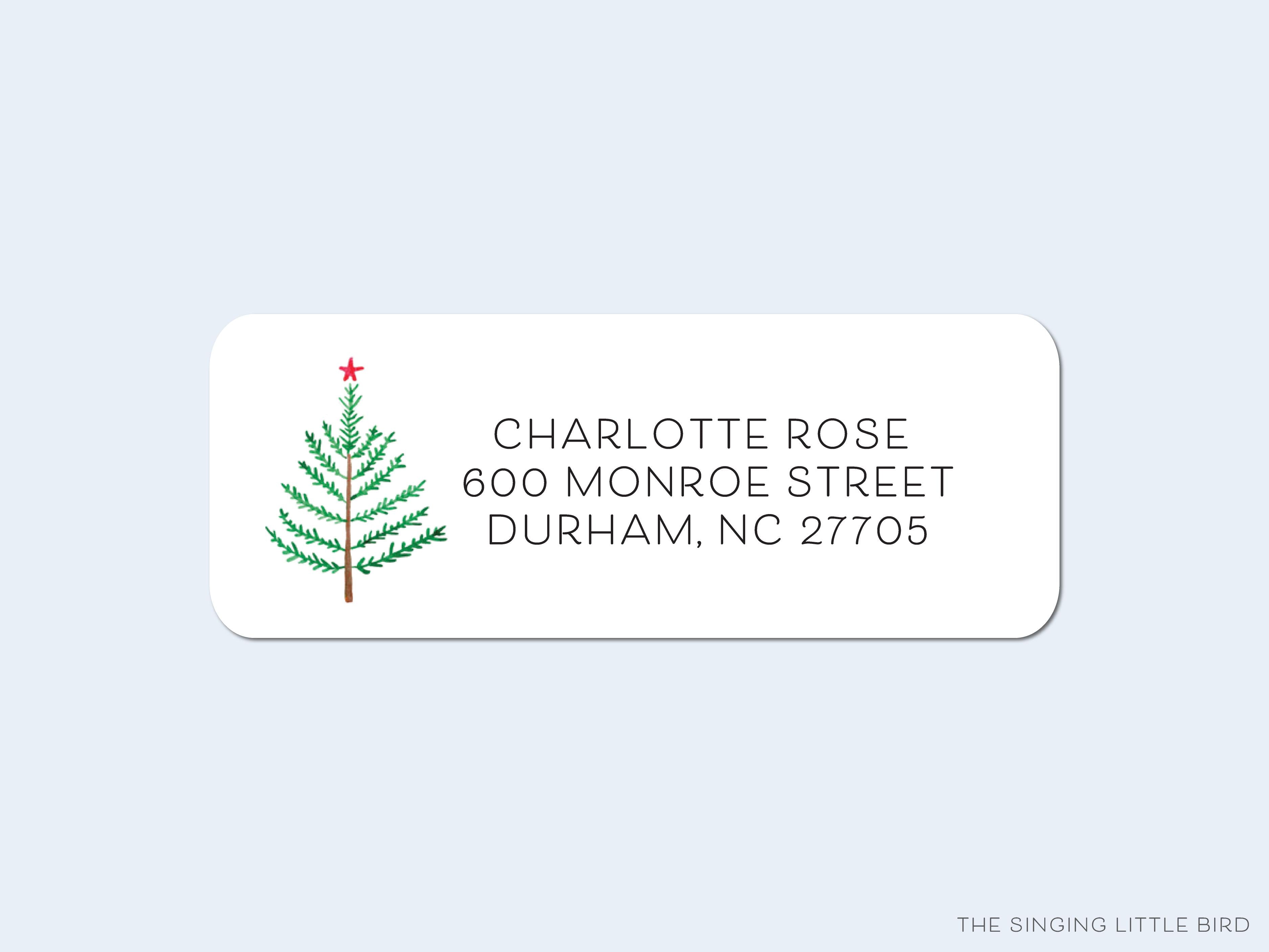 Evergreen Branch Christmas Return Address Labels-These personalized return address labels are 2.625" x 1" and feature our hand-painted watercolor Evergreen Branch, printed in the USA on beautiful matte finish labels. These make great gifts for yourself or the Christmas tree lover.-The Singing Little Bird