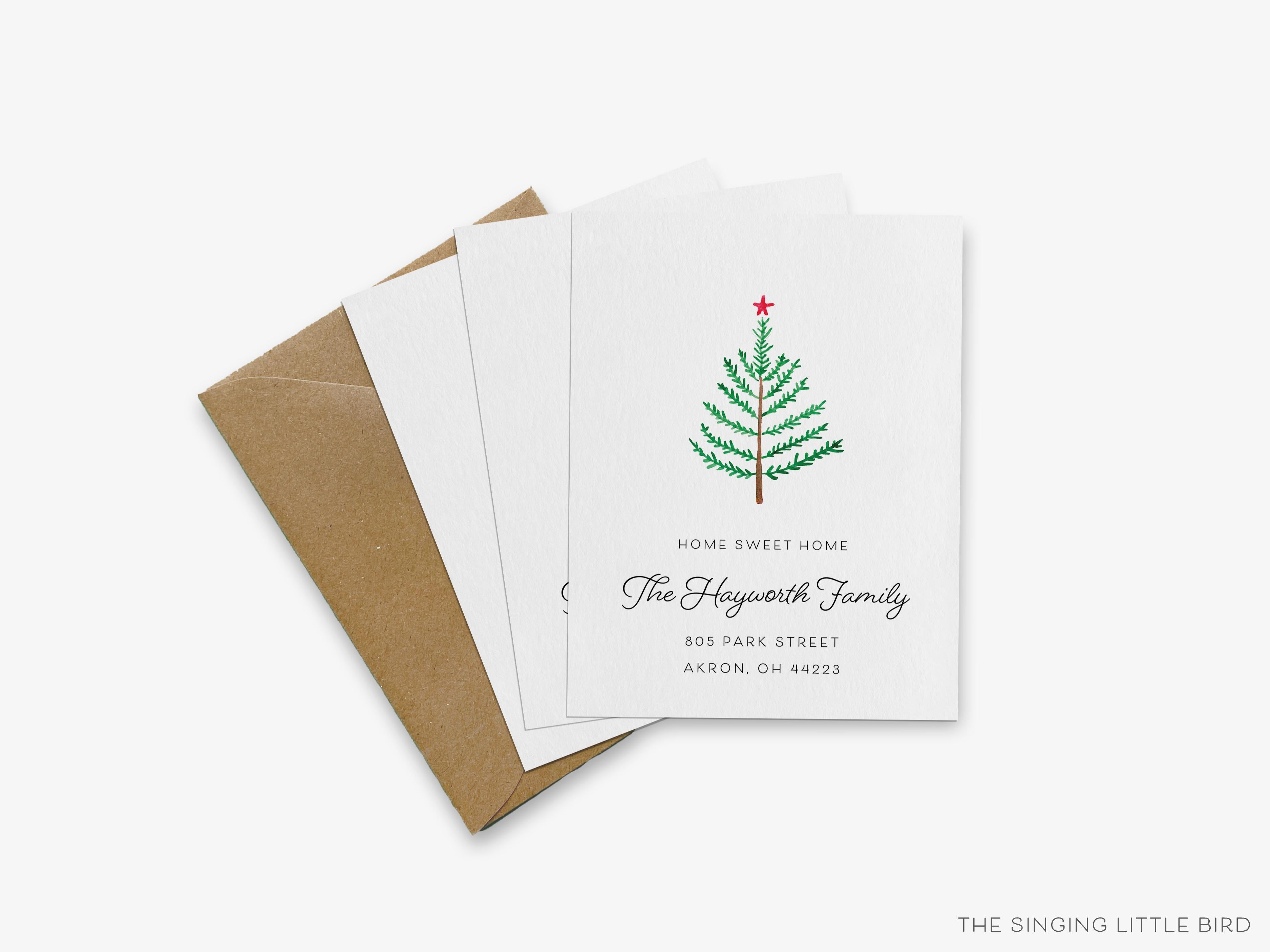 Evergreen Branch Moving Announcement-These personalized flat change of address cards are 4.25x5.5 and feature our hand-painted watercolor Evergreen Branch printed in the USA on 120lb textured stock. They come with your choice of envelopes and make great moving announcements for the tree lover.-The Singing Little Bird