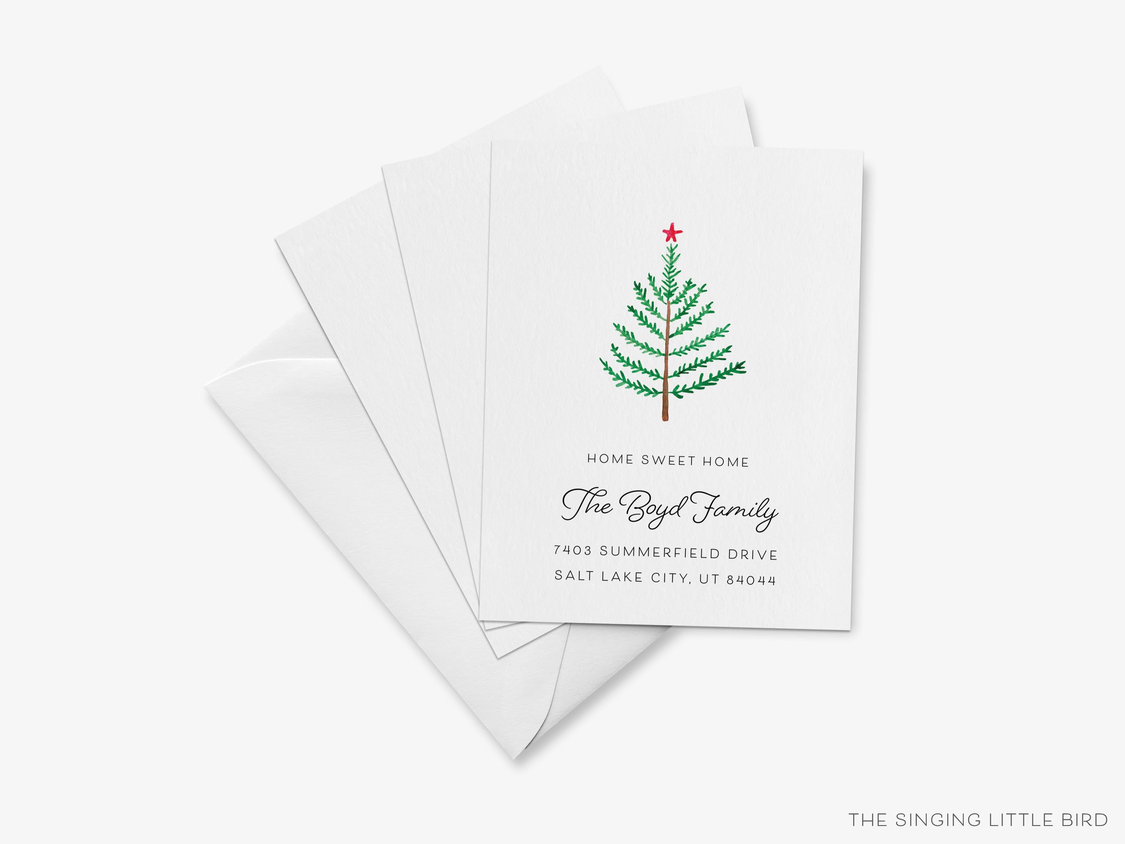 Evergreen Branch Moving Announcement-These personalized flat change of address cards are 4.25x5.5 and feature our hand-painted watercolor Evergreen Branch printed in the USA on 120lb textured stock. They come with your choice of envelopes and make great moving announcements for the tree lover.-The Singing Little Bird