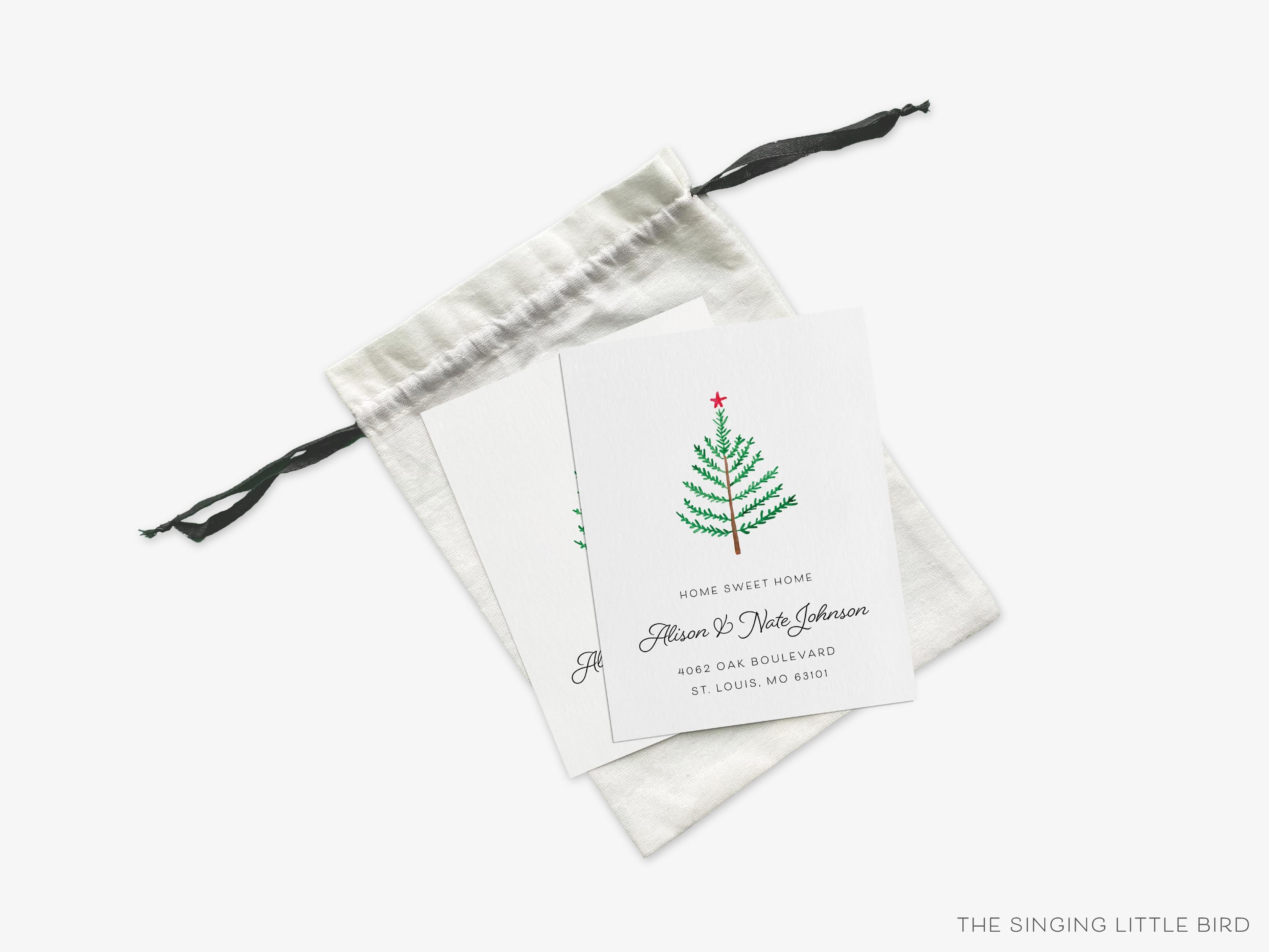 Evergreen Branch Moving Announcement-These personalized flat change of address cards are 4.25x5.5 and feature our hand-painted watercolor Evergreen Branch printed in the USA on 120lb textured stock. They come with your choice of envelopes and make great moving announcements for the tree lover.-The Singing Little Bird