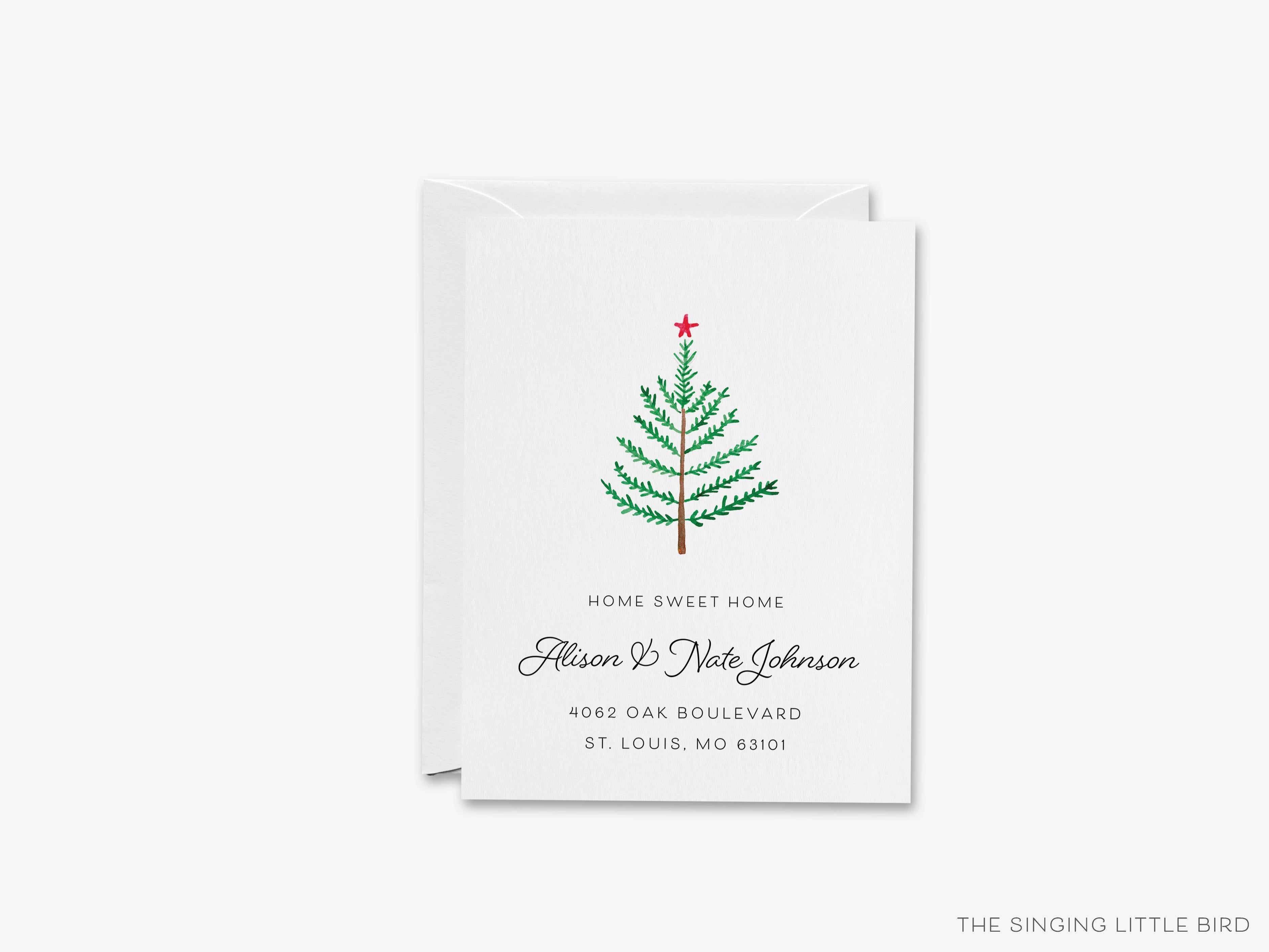 Evergreen Branch Moving Announcement-These personalized flat change of address cards are 4.25x5.5 and feature our hand-painted watercolor Evergreen Branch printed in the USA on 120lb textured stock. They come with your choice of envelopes and make great moving announcements for the tree lover.-The Singing Little Bird