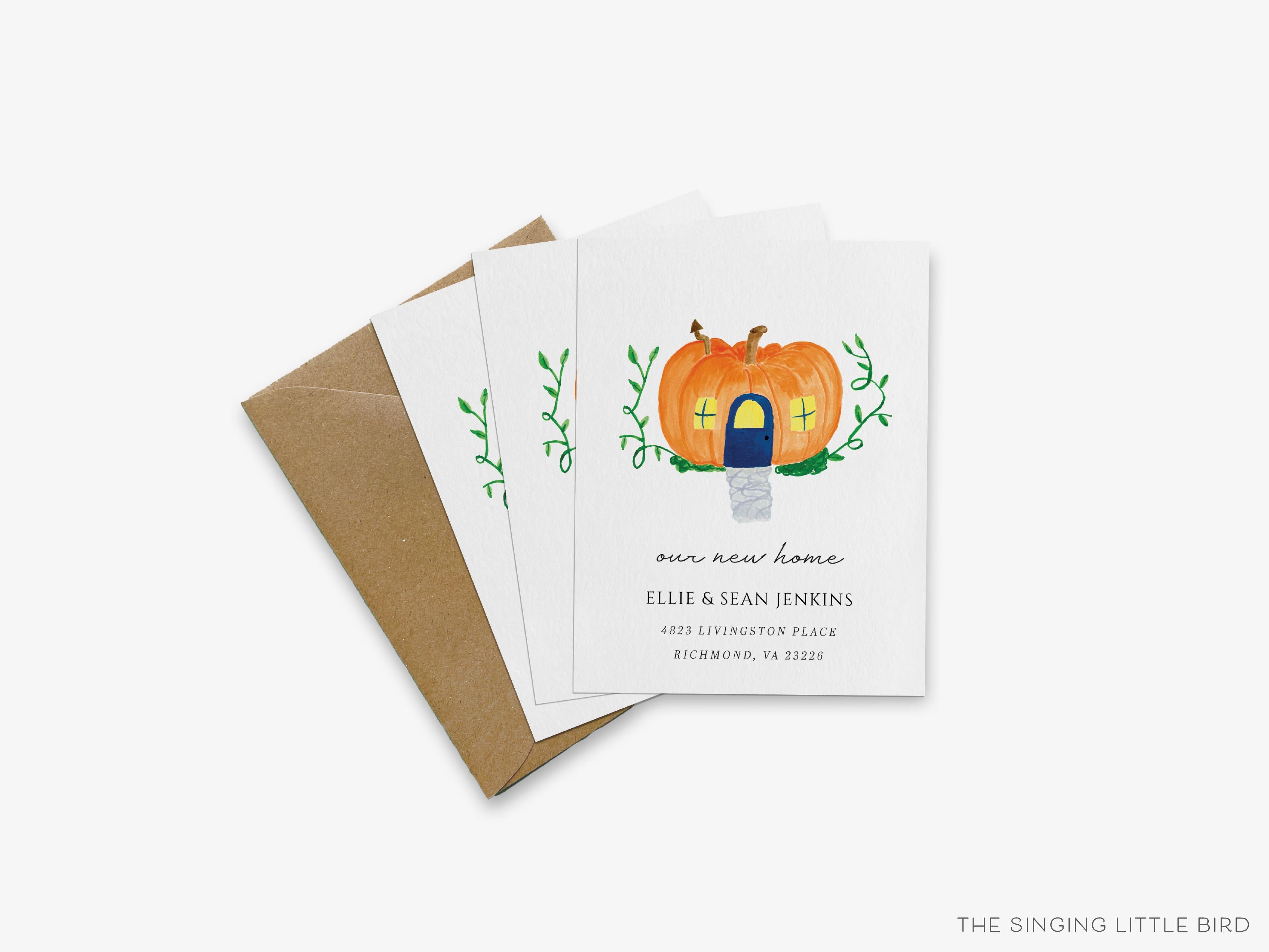 Fall Pumpkin House Moving Announcement-These personalized flat change of address cards are 4.25x5.5 and feature our hand-painted watercolor pumpkin house, printed in the USA on 120lb textured stock. They come with your choice of envelopes and make great moving announcements for the fall lover.-The Singing Little Bird