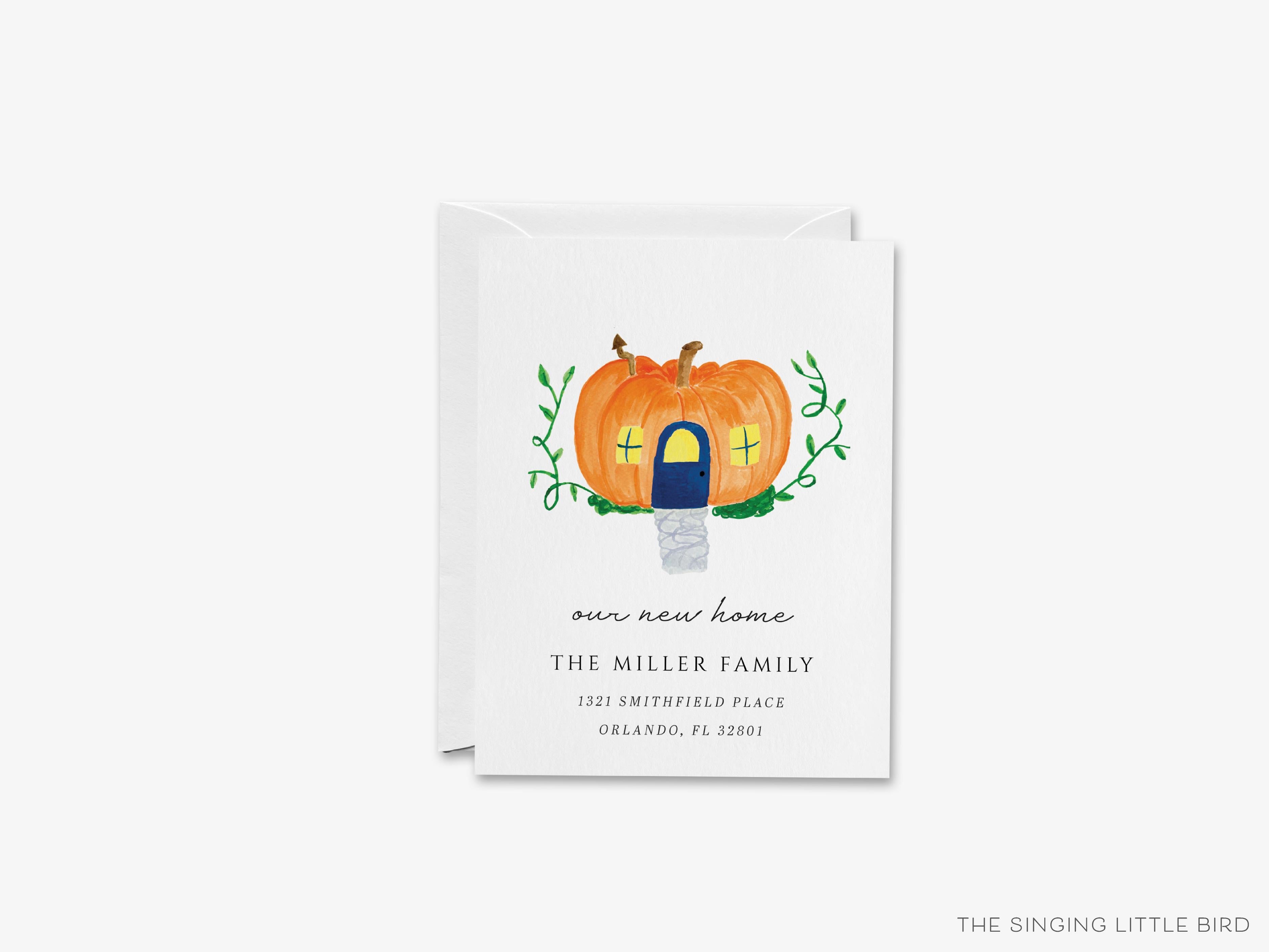 Fall Pumpkin House Moving Announcement-These personalized flat change of address cards are 4.25x5.5 and feature our hand-painted watercolor pumpkin house, printed in the USA on 120lb textured stock. They come with your choice of envelopes and make great moving announcements for the fall lover.-The Singing Little Bird