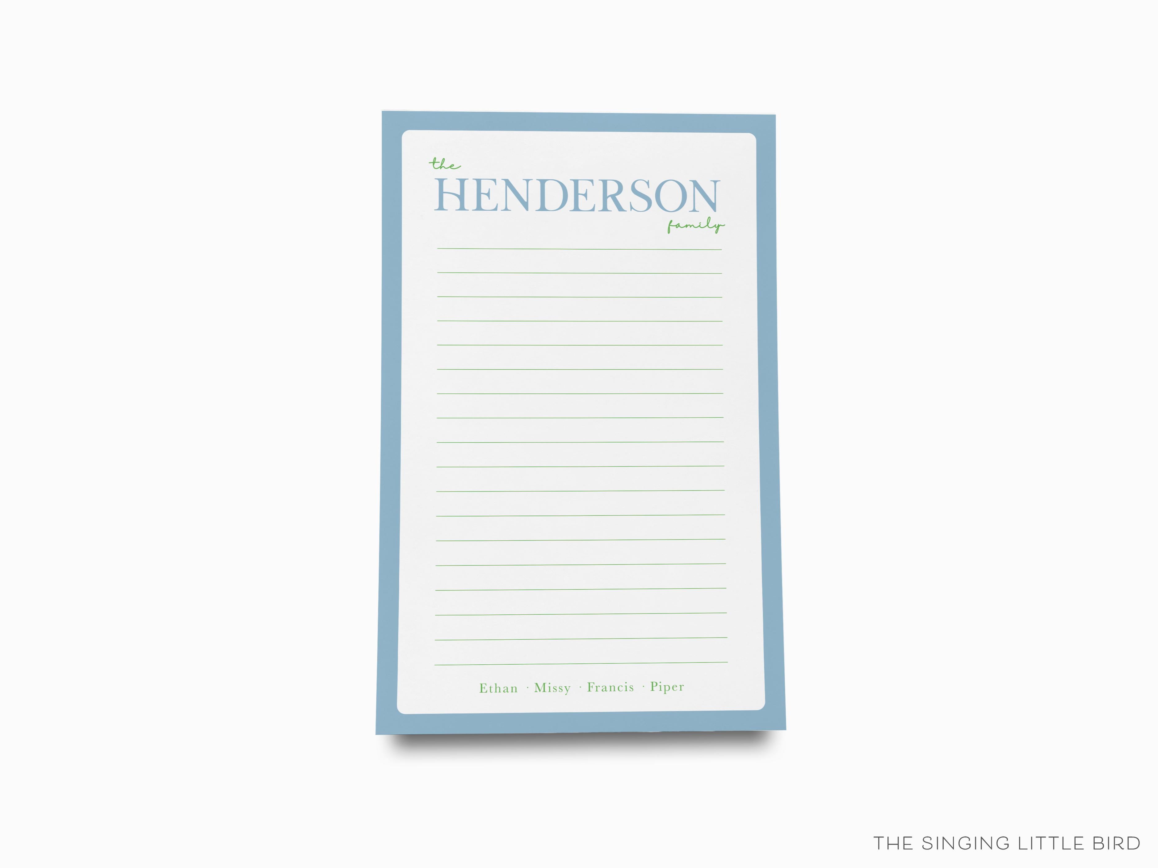 Family Duo Color Notepad-These personalized notepads feature our hand-painted watercolor script names, printed in the USA on a beautiful smooth stock. You choose which size you want (or bundled together for a beautiful gift set) and makes a great gift for the checklist and family lover in your life.-The Singing Little Bird