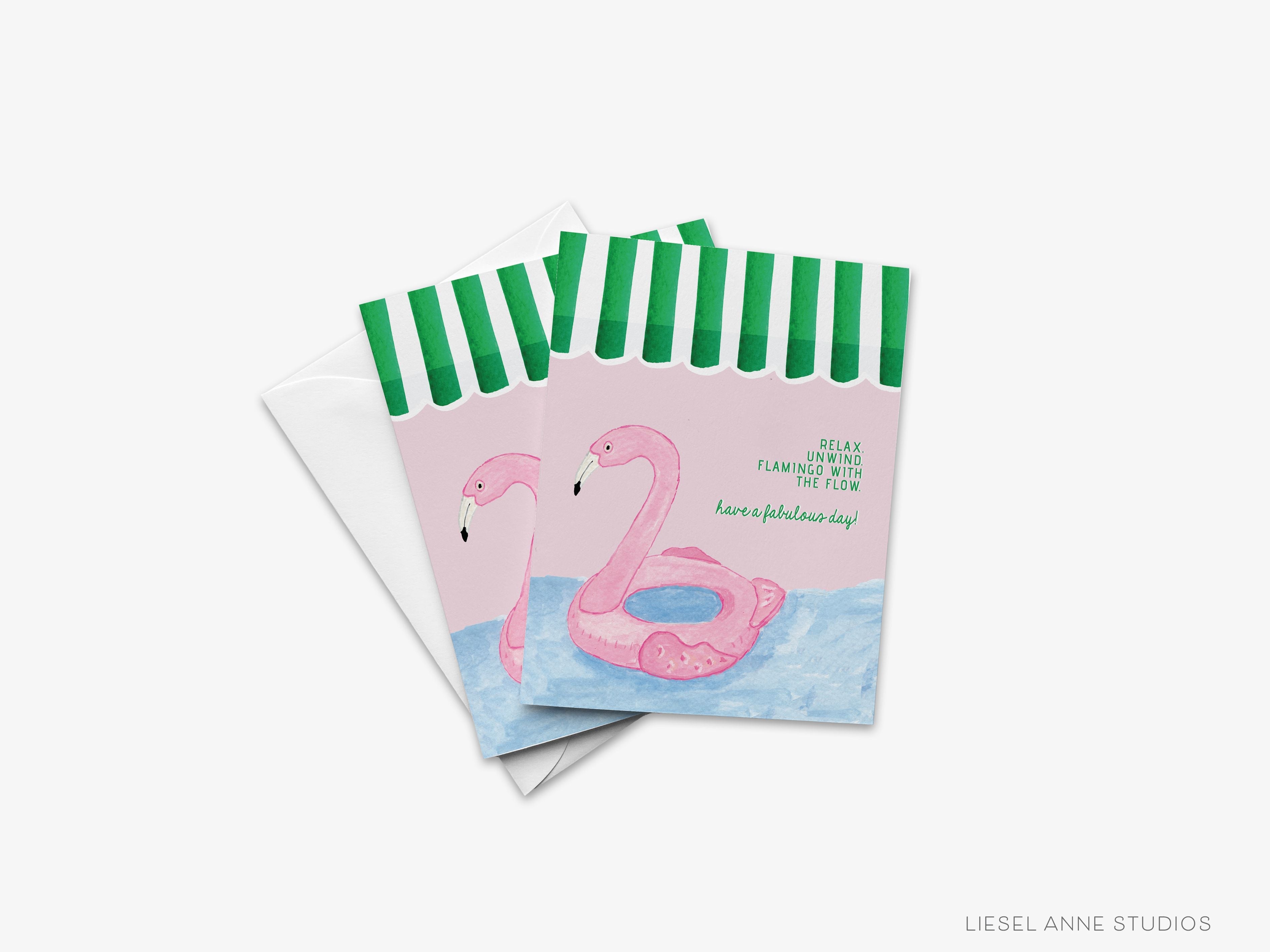 Flamingo Floaty Greeting Card-These folded graduation cards are 4.25x5.5 and feature our hand-painted watercolor flamingo floaty, printed in the USA on 100lb textured stock. They come with your choice of a White or Kraft envelope and make a great just because card for the flamingo lover in your life.-The Singing Little Bird