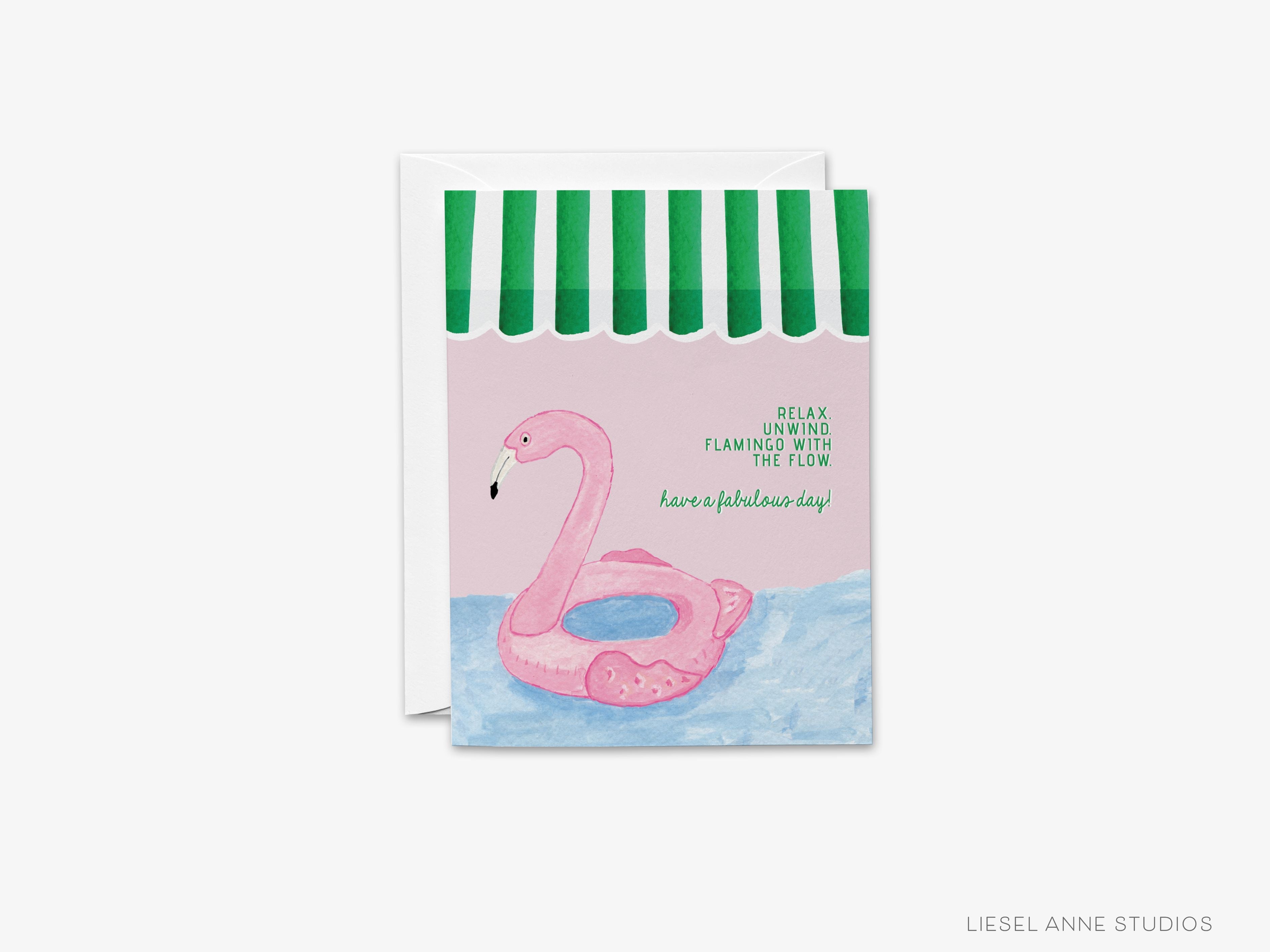 Flamingo Floaty Greeting Card-These folded graduation cards are 4.25x5.5 and feature our hand-painted watercolor flamingo floaty, printed in the USA on 100lb textured stock. They come with your choice of a White or Kraft envelope and make a great just because card for the flamingo lover in your life.-The Singing Little Bird