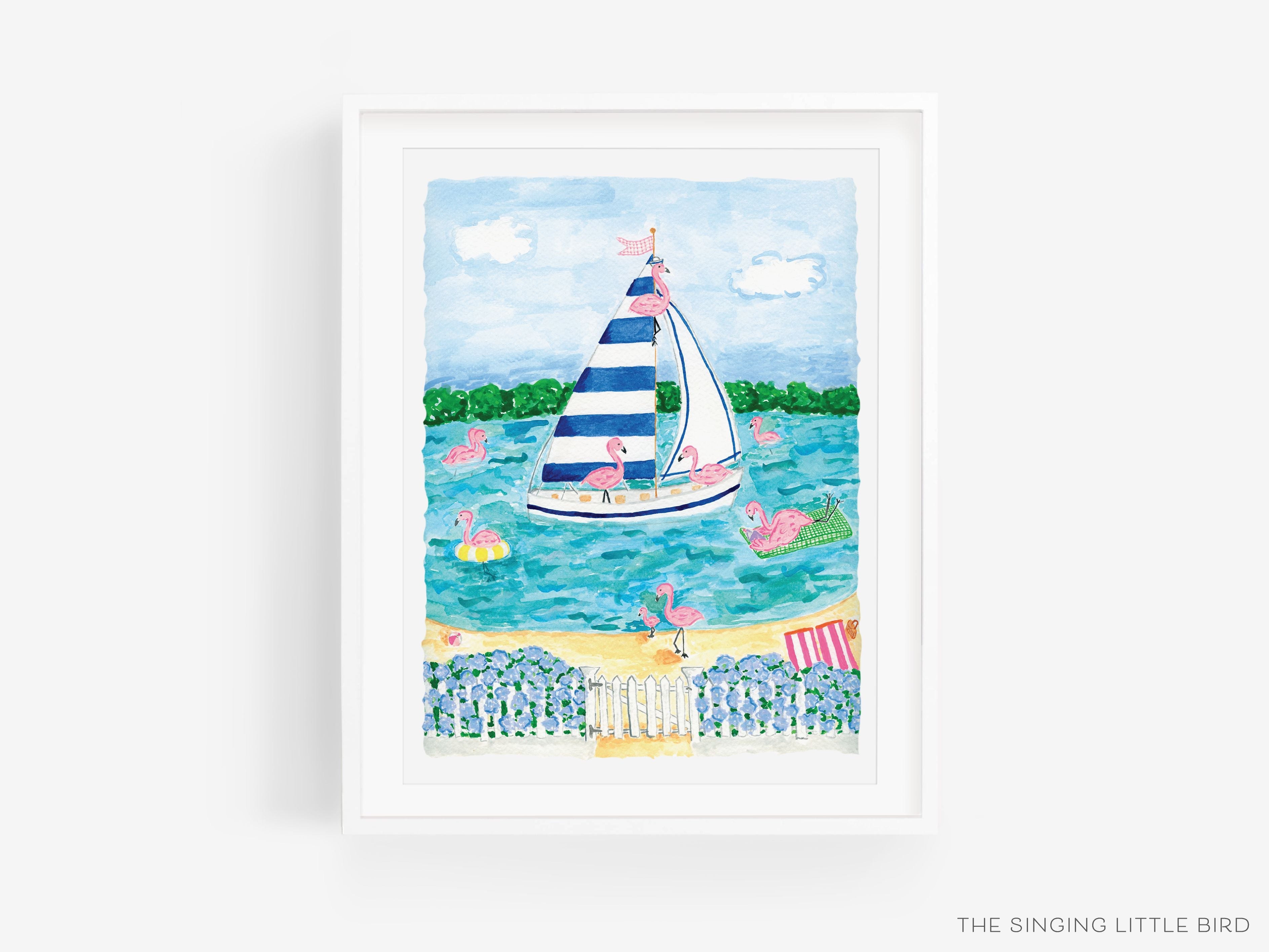 Flamingo Lake Art Print-This watercolor art print features our hand-painted Flamingo Lake Scene, printed in the USA on 120lb high quality art paper. This makes a great gift or wall decor for the shore lover in your life.-The Singing Little Bird