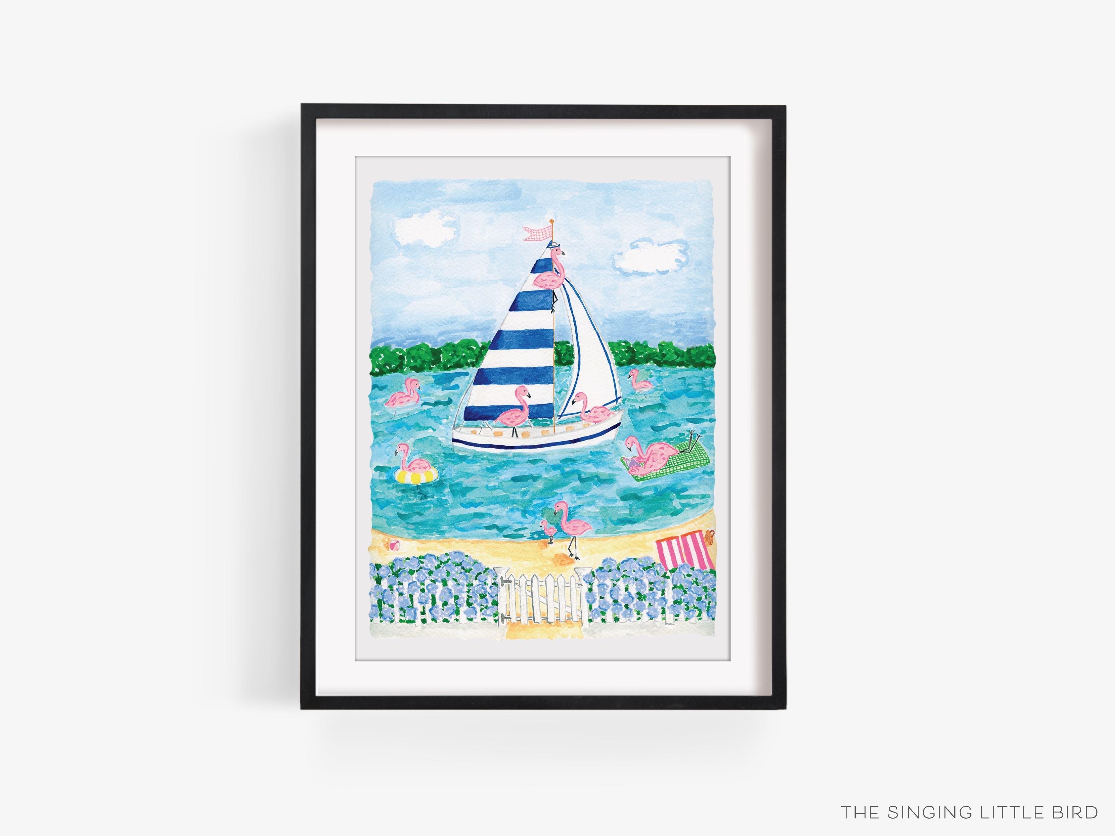 Flamingo Lake Art Print-This watercolor art print features our hand-painted Flamingo Lake Scene, printed in the USA on 120lb high quality art paper. This makes a great gift or wall decor for the shore lover in your life.-The Singing Little Bird