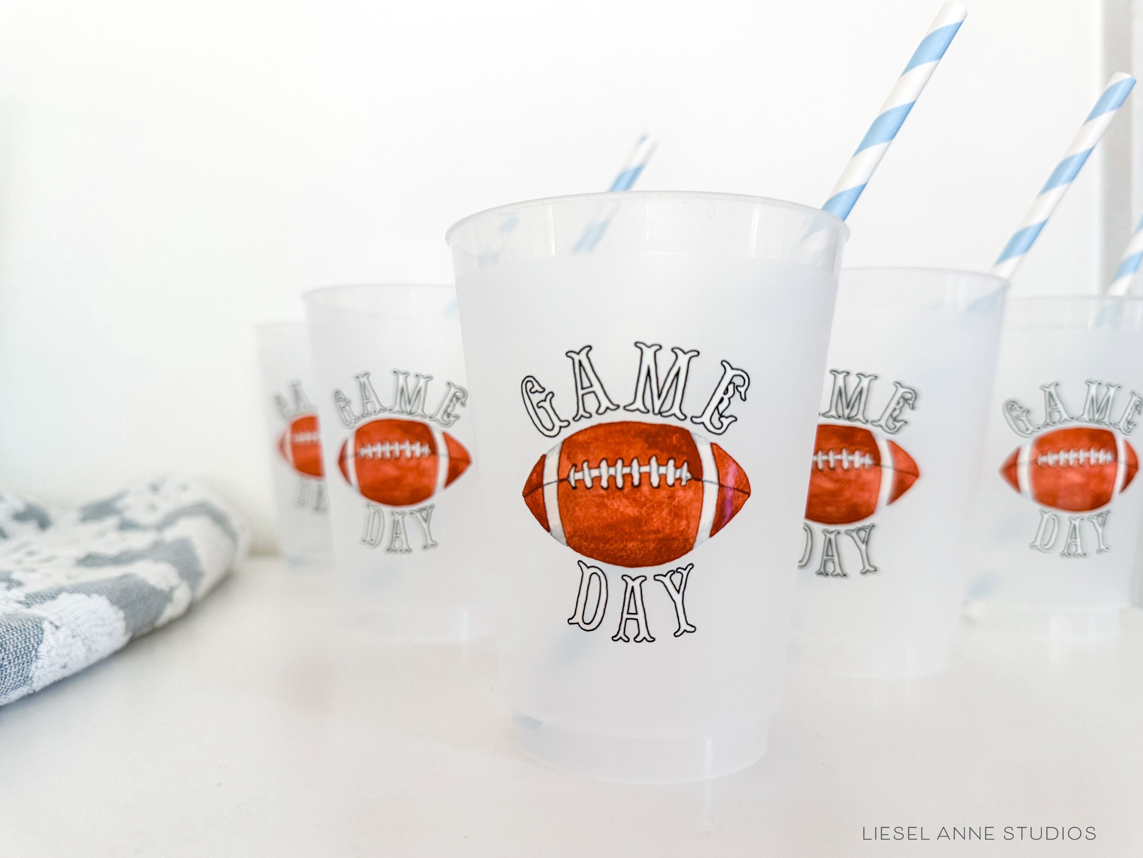 Football Game Day 16oz Shatterproof Cups [Set of 8]-These shatterproof cups feature our hand-painted Football and Game Day text and make great party decorations for your tailgates, football party gatherings, cook outs and more! They come in sets of 8 and are re-usable for other parties to come or make wonderful party favors!-The Singing Little Bird