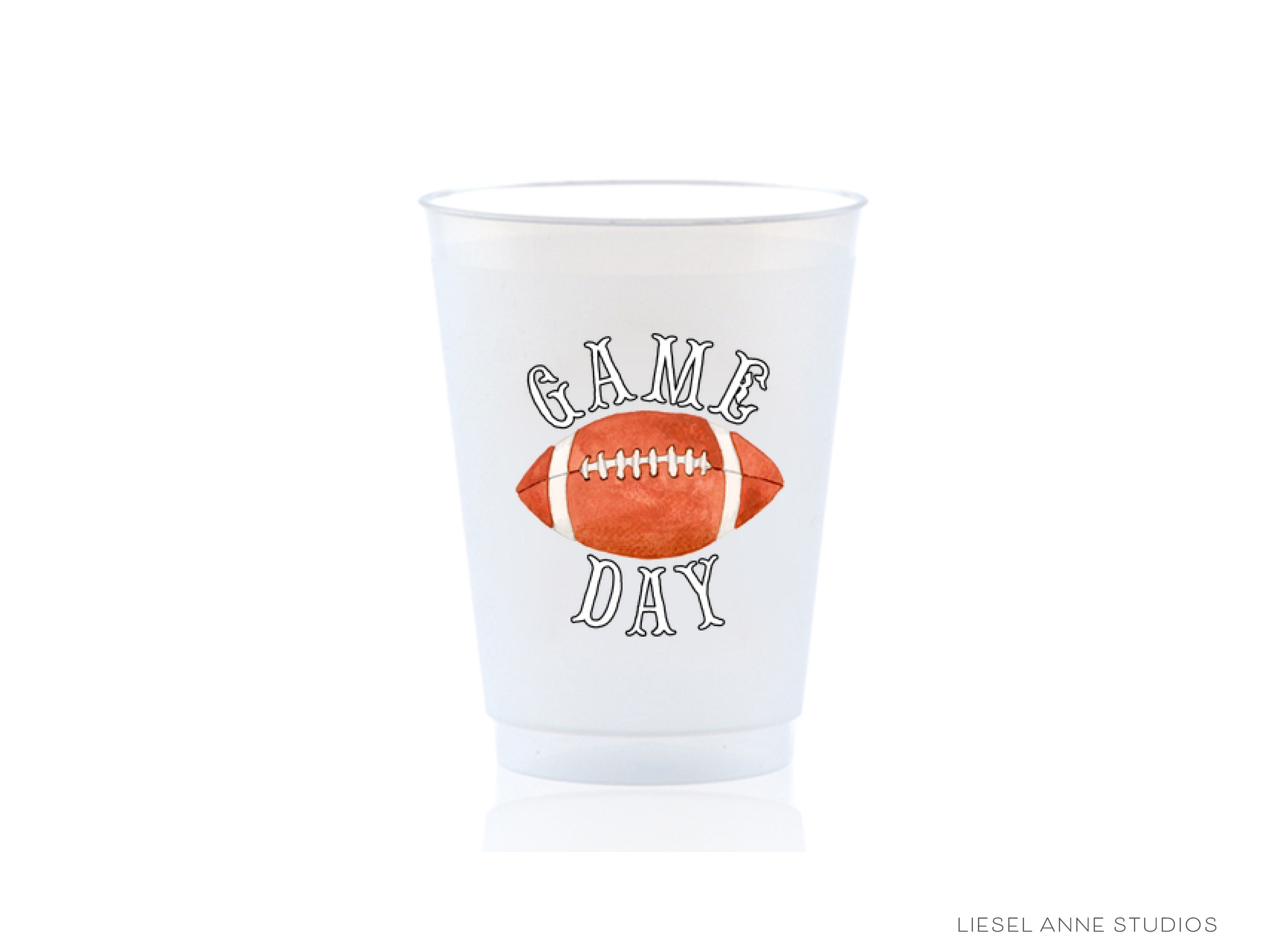 Football Game Day 16oz Shatterproof Cups [Set of 8]-These shatterproof cups feature our hand-painted Football and Game Day text and make great party decorations for your tailgates, football party gatherings, cook outs and more! They come in sets of 8 and are re-usable for other parties to come or make wonderful party favors!-The Singing Little Bird