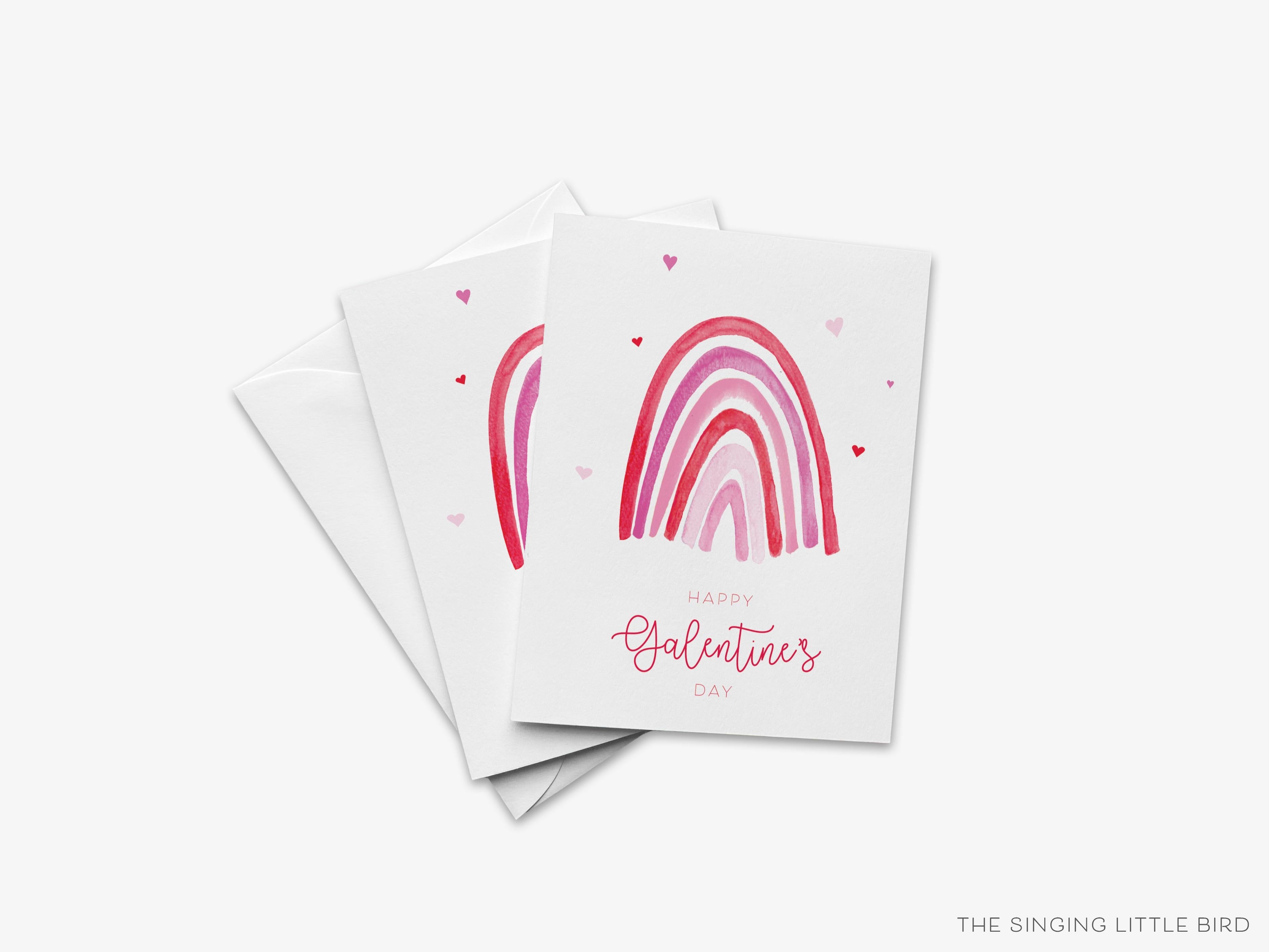 Galentine's Rainbow Greeting Card-These folded greeting cards are 4.25x5.5 and feature our hand-painted pink rainbow, printed in the USA on 100lb textured stock. They come with a White envelope and make a great Galentine's Day card for the gal pal in your life.-The Singing Little Bird