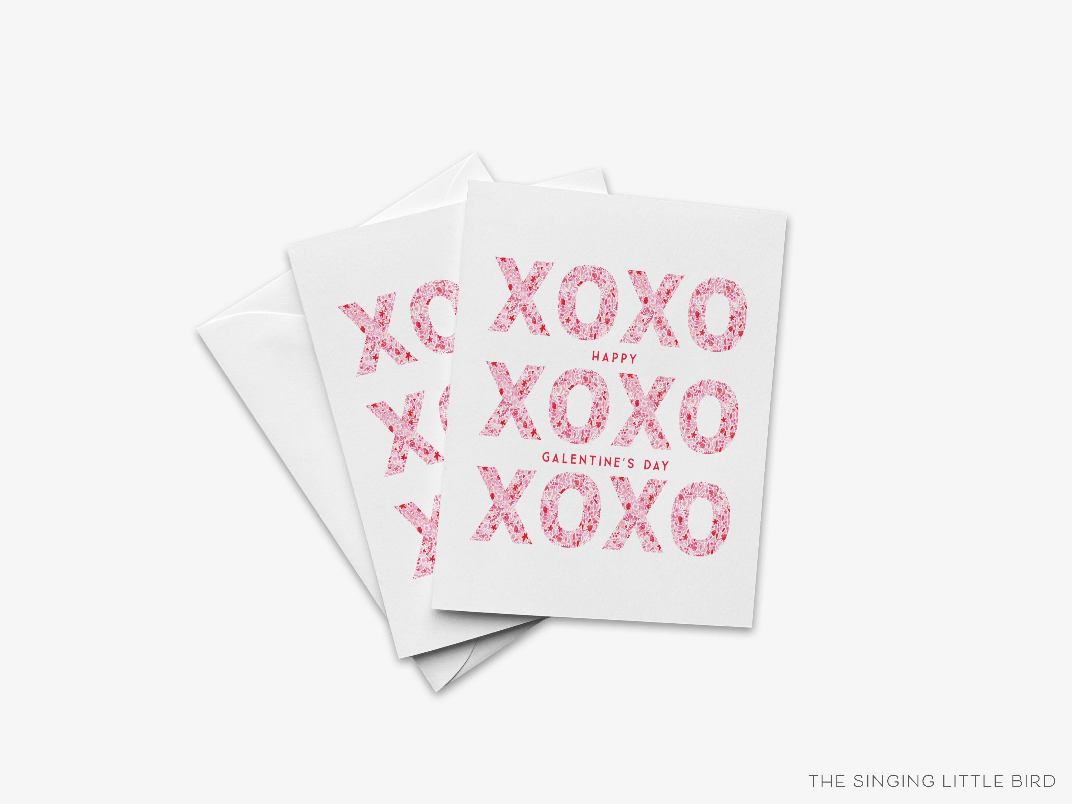 Galentine's XOXO Greeting Card-These folded greeting cards are 4.25x5.5 and feature our hand-painted pink and red pattern xoxo, printed in the USA on 100lb textured stock. They come with a White envelope and make a great Galentine's Day card for the gal pal in your life.-The Singing Little Bird