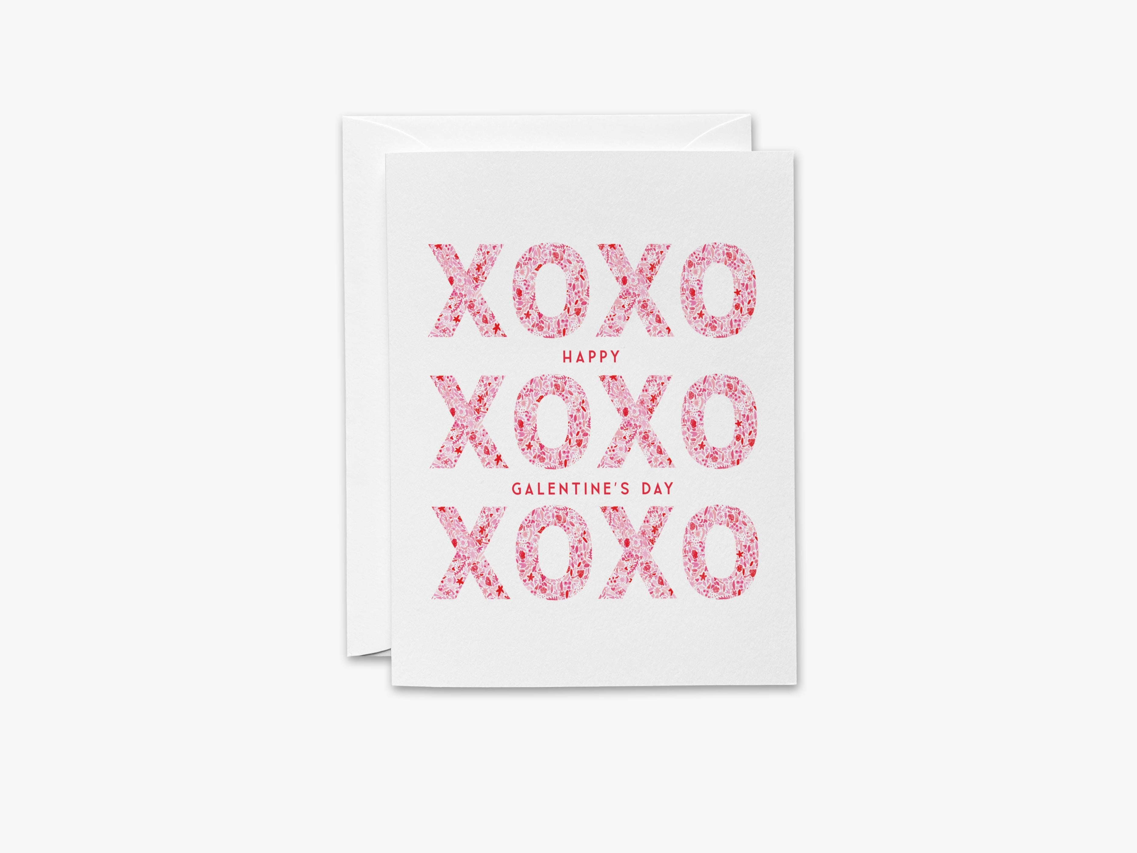 Galentine's XOXO Greeting Card-These folded greeting cards are 4.25x5.5 and feature our hand-painted pink and red pattern xoxo, printed in the USA on 100lb textured stock. They come with a White envelope and make a great Galentine's Day card for the gal pal in your life.-The Singing Little Bird