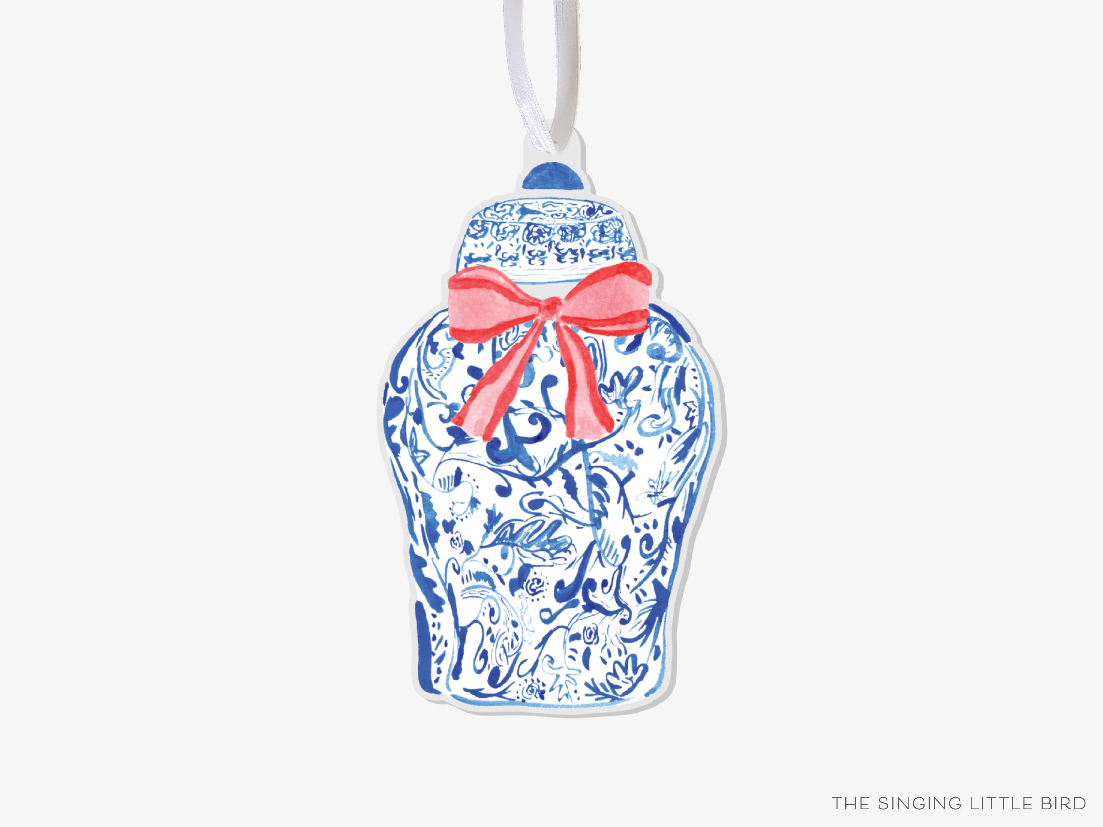 Ginger Jar Acrylic Ornament-These acrylic ornaments feature our hand-painted watercolor ginger jar and red bow. They include a white silk ribbon and measure approximately 4" on its longest side, making a great addition to your Christmas tree or gift for the chinoiserie lover in your life.-The Singing Little Bird
