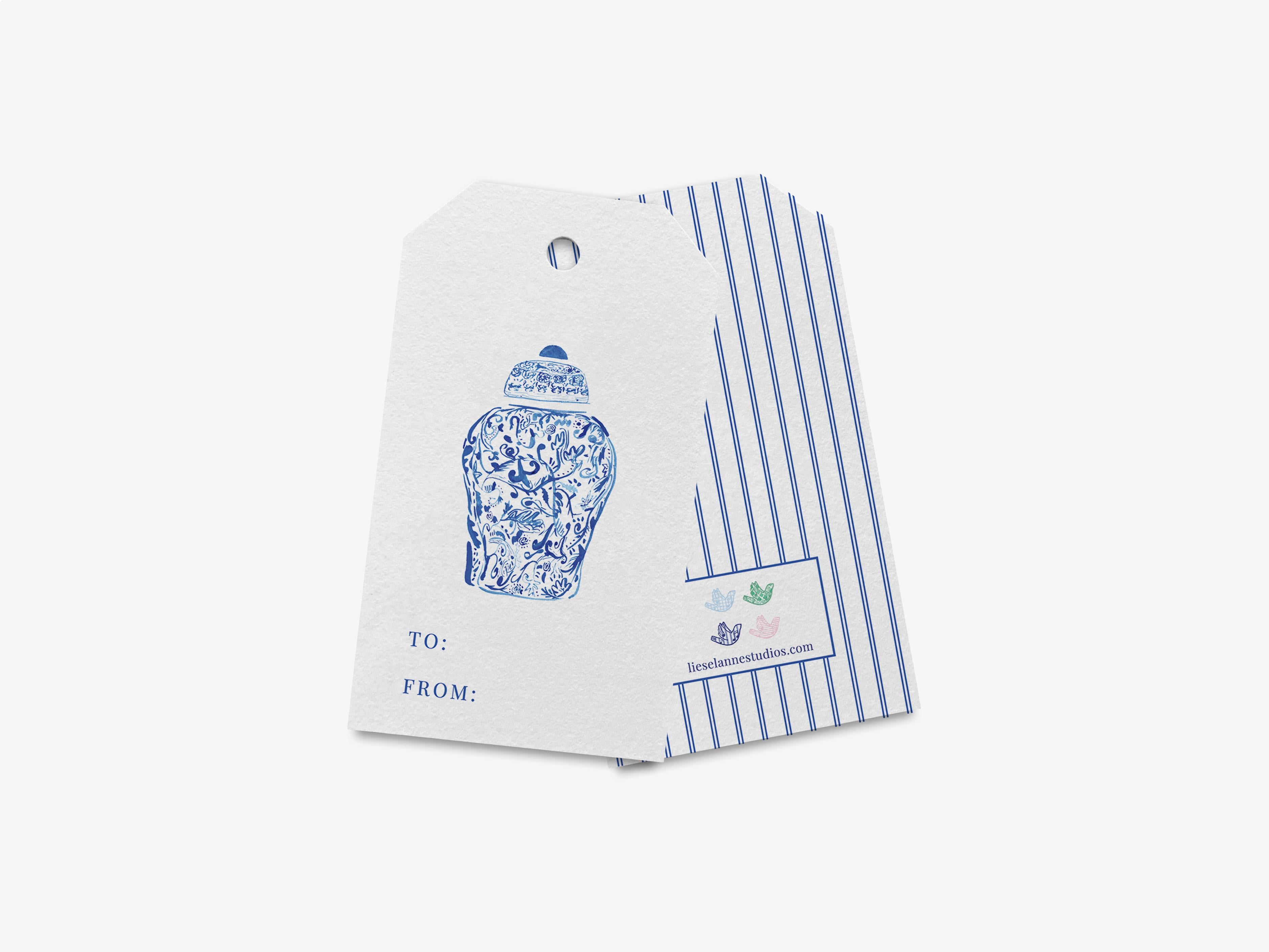 Ginger Jar Gift Tags [Set of 8]-These gift tags come in sets, hole-punched with white twine and feature our hand-painted watercolor ginger jars, printed in the USA on 120lb textured stock. They make great tags for gifting or gifts for the chinoiserie lover in your life.-The Singing Little Bird