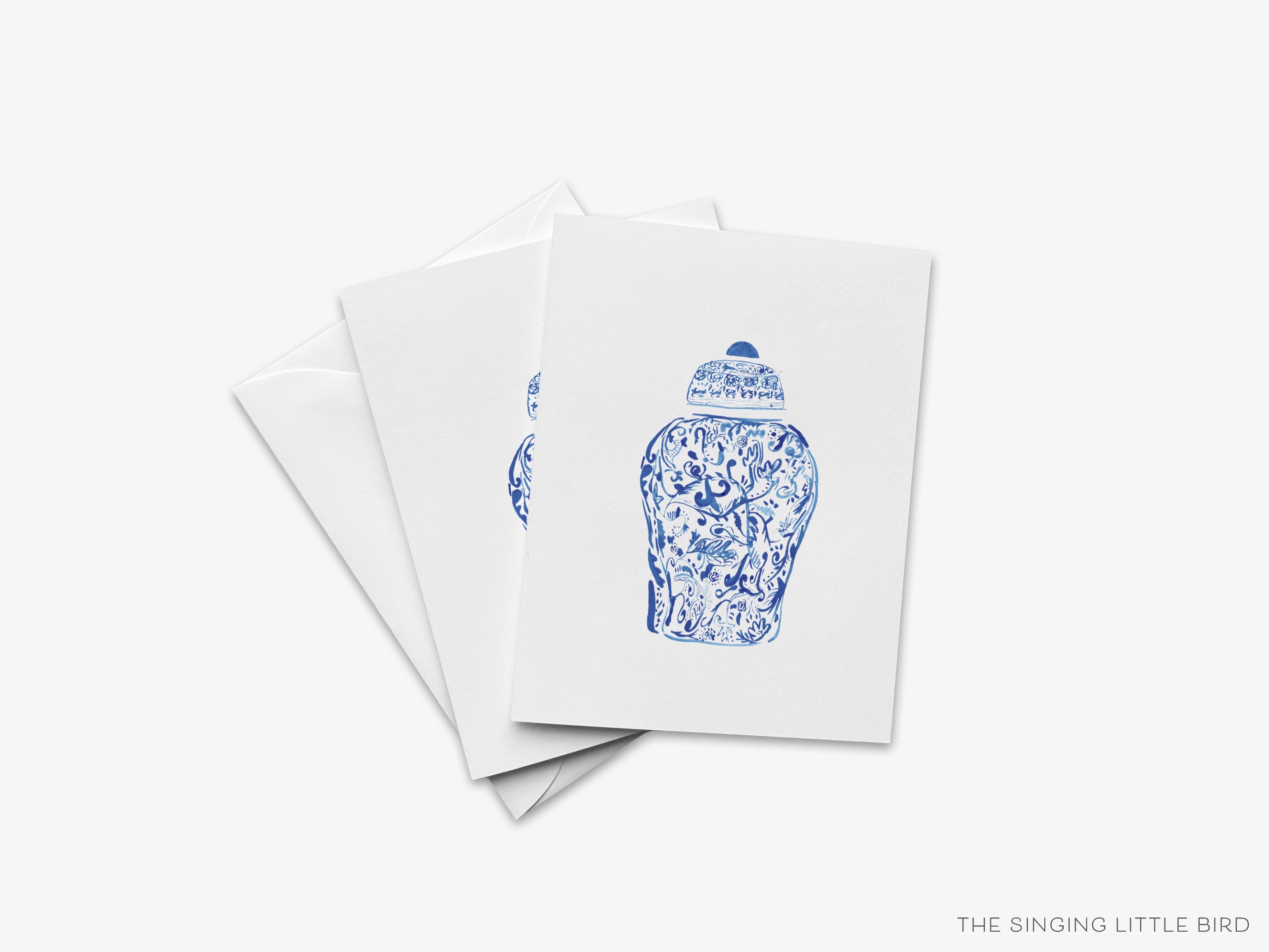 Ginger Jar Greeting Card-These folded greeting cards are 4.25x5.5 and feature our hand-painted ginger jar, printed in the USA on 100lb textured stock. They come with a White envelope and make a great thinking of you card for the chinoiserie lover in your life.-The Singing Little Bird