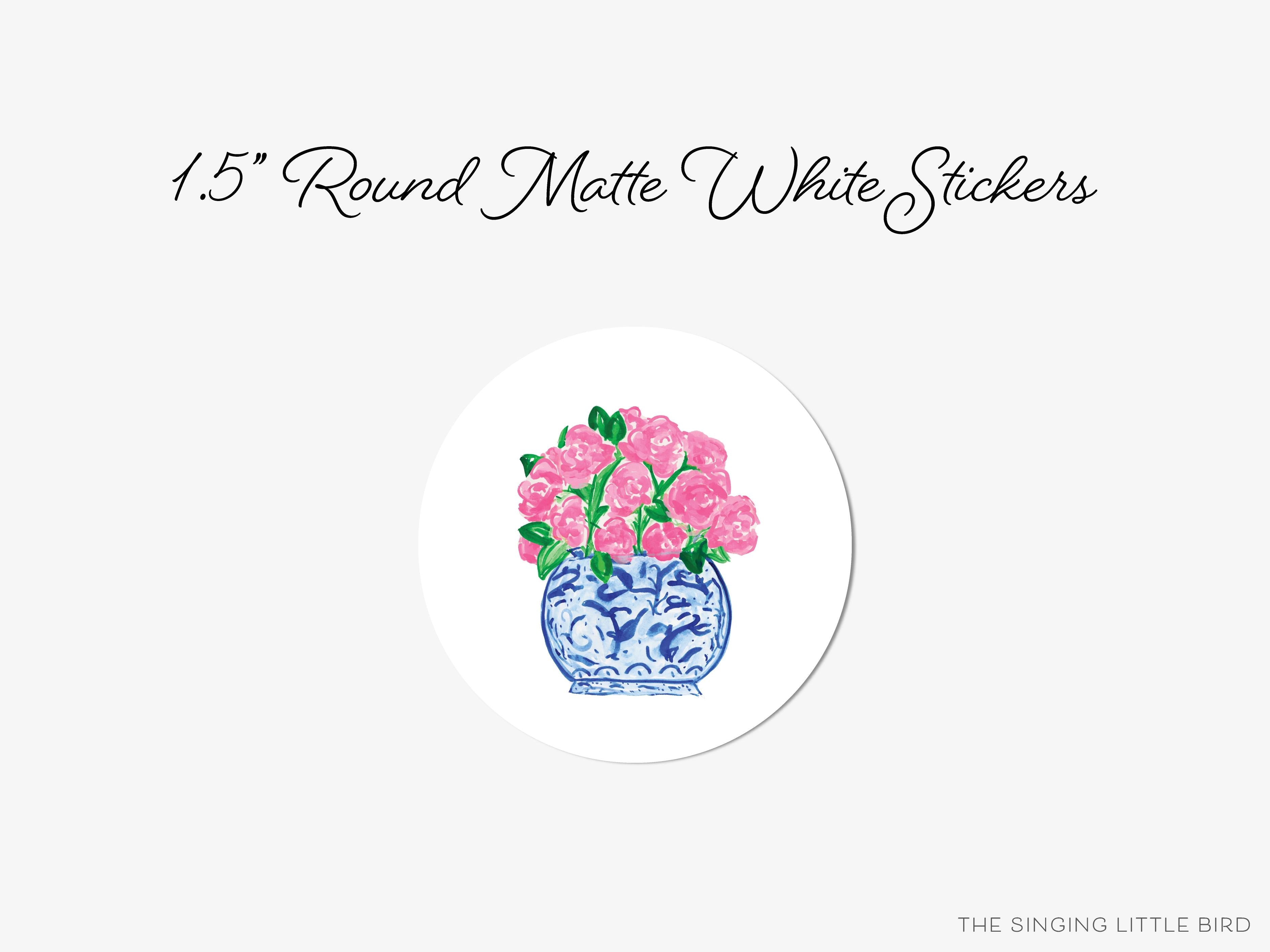 Ginger Jar Peonies Round Stickers-These matte round stickers feature our hand-painted watercolor Peonies and ginger jar, making great envelope seals or gifts for the chinoiserie and floral lover in your life.-The Singing Little Bird