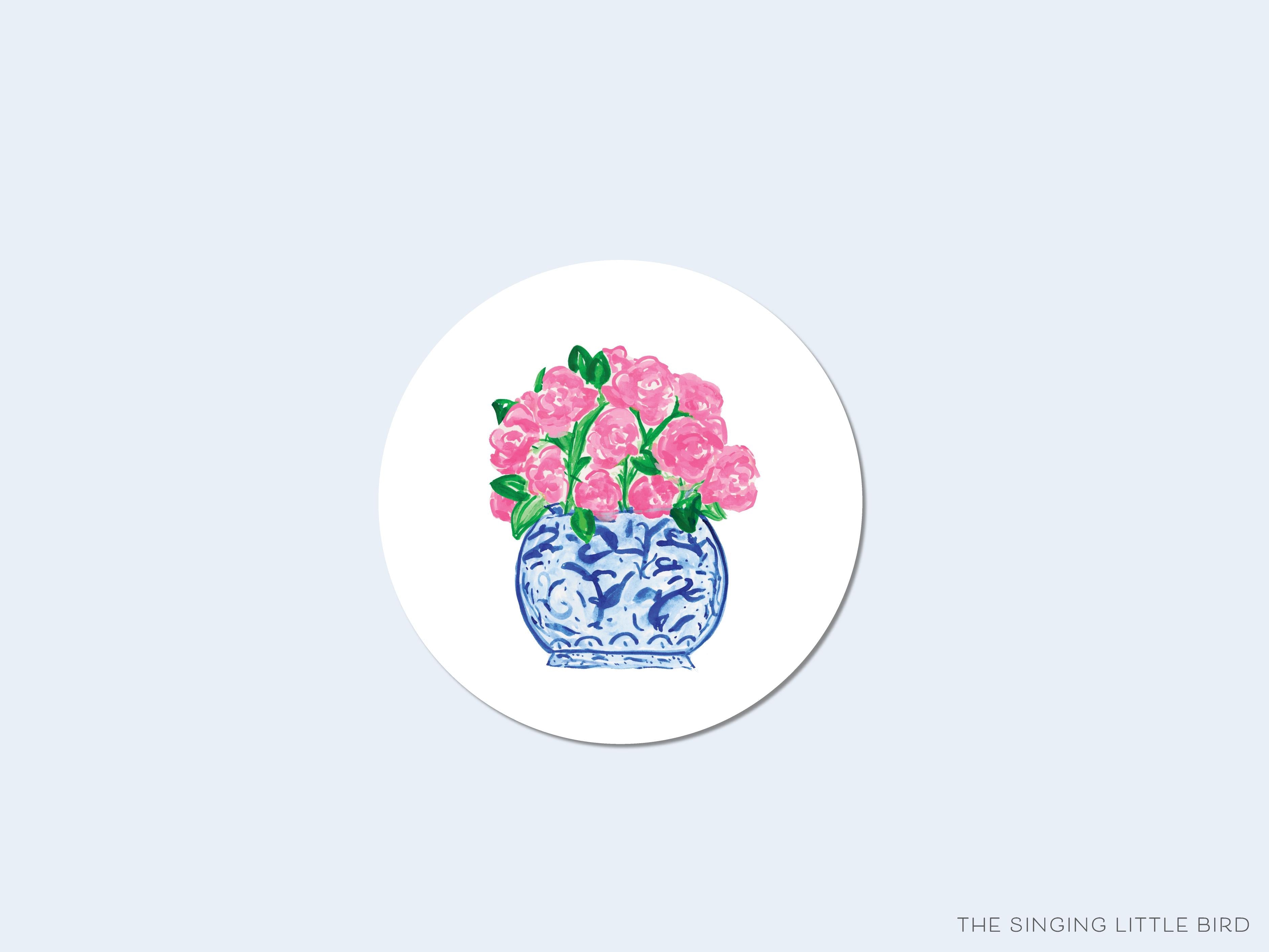 Ginger Jar Peonies Round Stickers-These matte round stickers feature our hand-painted watercolor Peonies and ginger jar, making great envelope seals or gifts for the chinoiserie and floral lover in your life.-The Singing Little Bird