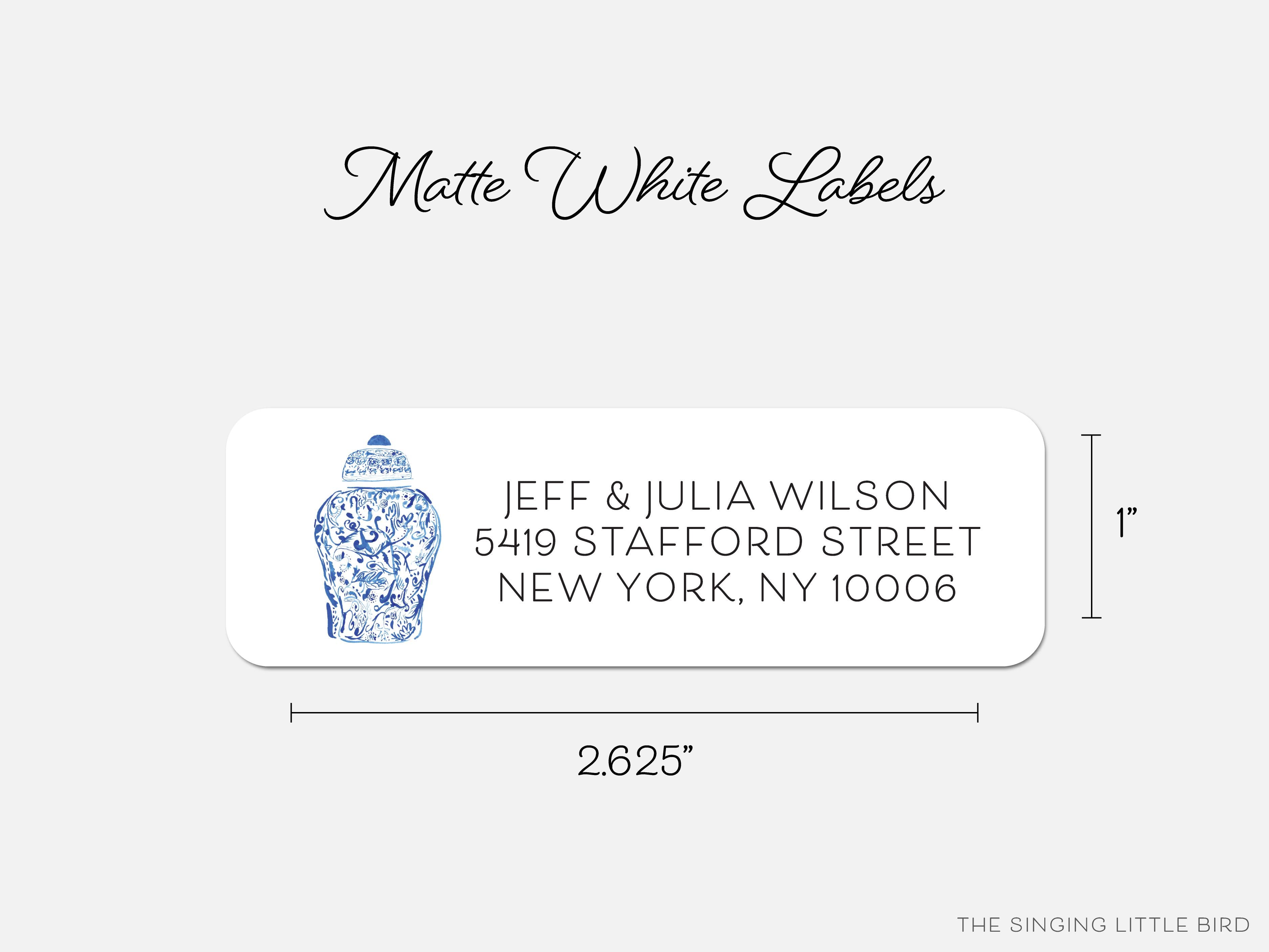 Ginger Jar Return Address Labels-These personalized return address labels are 2.625" x 1" and feature our hand-painted watercolor Ginger Jar, printed in the USA on beautiful matte finish labels. These make great gifts for yourself or the chinoiserie lover.-The Singing Little Bird