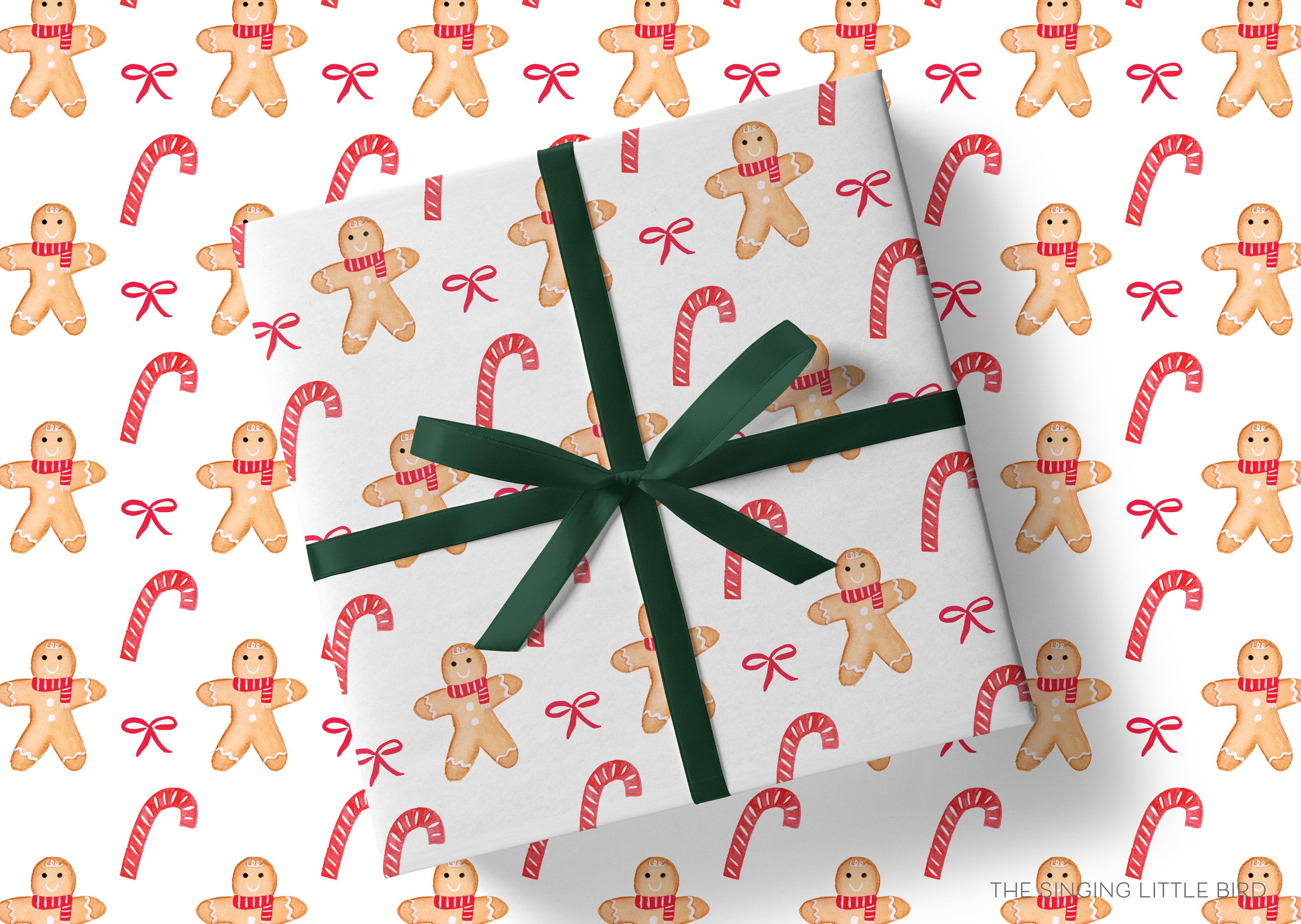 Gingerbread Christmas Gift Wrap-This matte finish gift wrap features our hand-painted watercolor gingerbread men and candy canes. It makes a perfect wrapping paper for a holiday present. -The Singing Little Bird