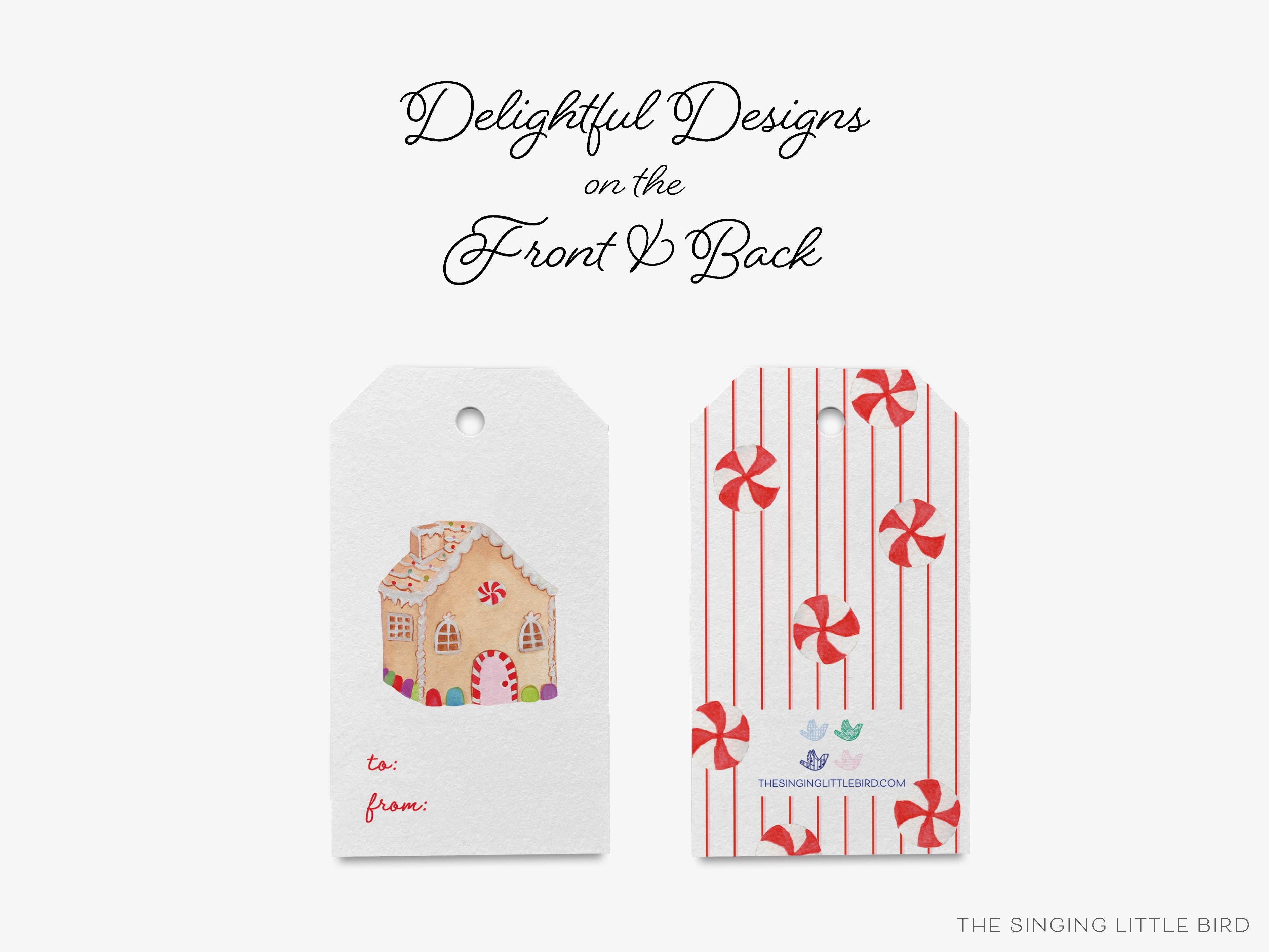 Gingerbread House Holiday Gift Tags [Sets of 8]-These gift tags come in sets, hole-punched with white twine and feature our hand-painted watercolor gingerbread house and peppermint candy, printed in the USA on 120lb textured stock. They make great tags for gifting or gifts for the Christmas lover in your life.-The Singing Little Bird