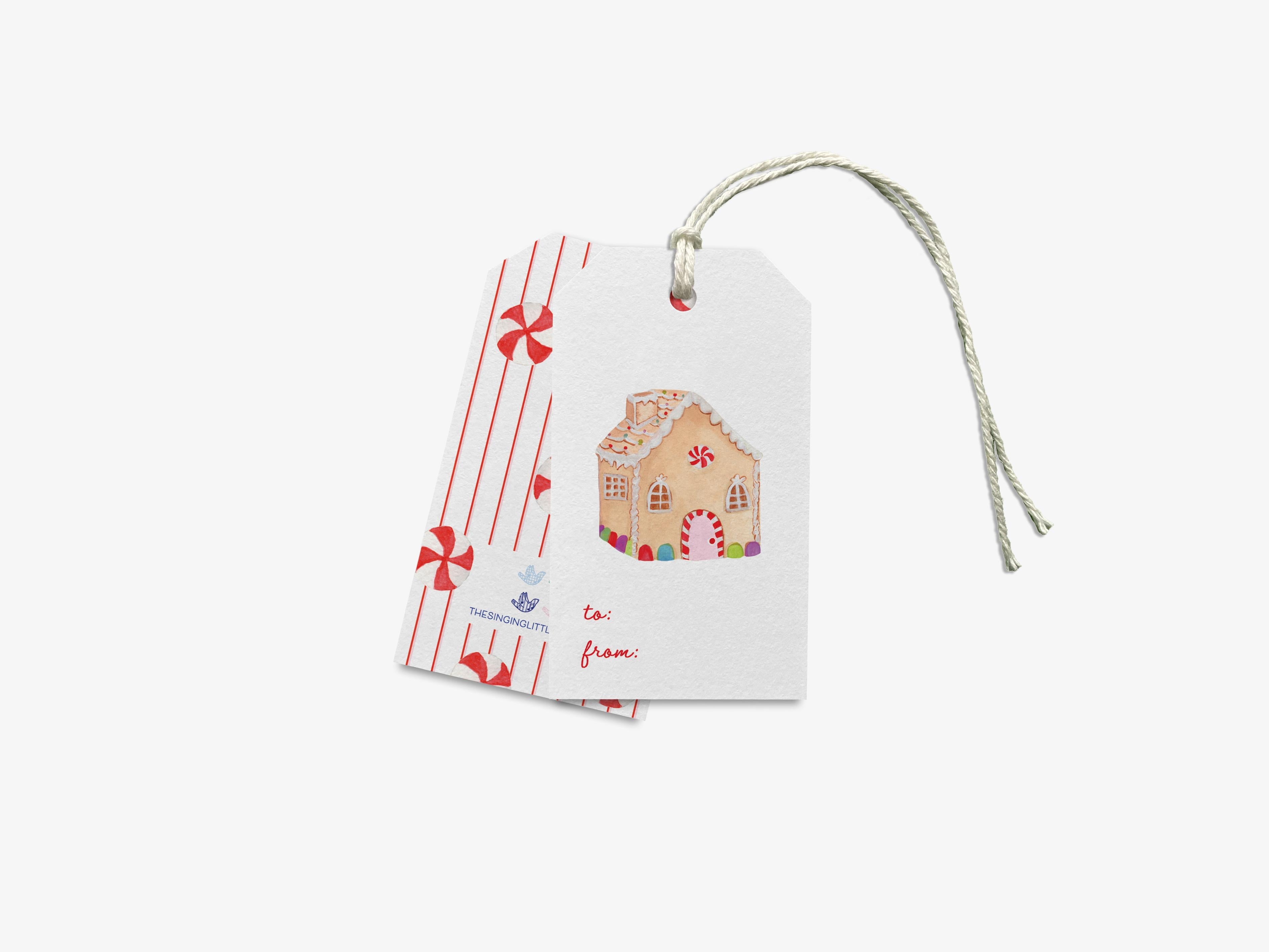 Gingerbread House Holiday Gift Tags [Sets of 8]-These gift tags come in sets, hole-punched with white twine and feature our hand-painted watercolor gingerbread house and peppermint candy, printed in the USA on 120lb textured stock. They make great tags for gifting or gifts for the Christmas lover in your life.-The Singing Little Bird