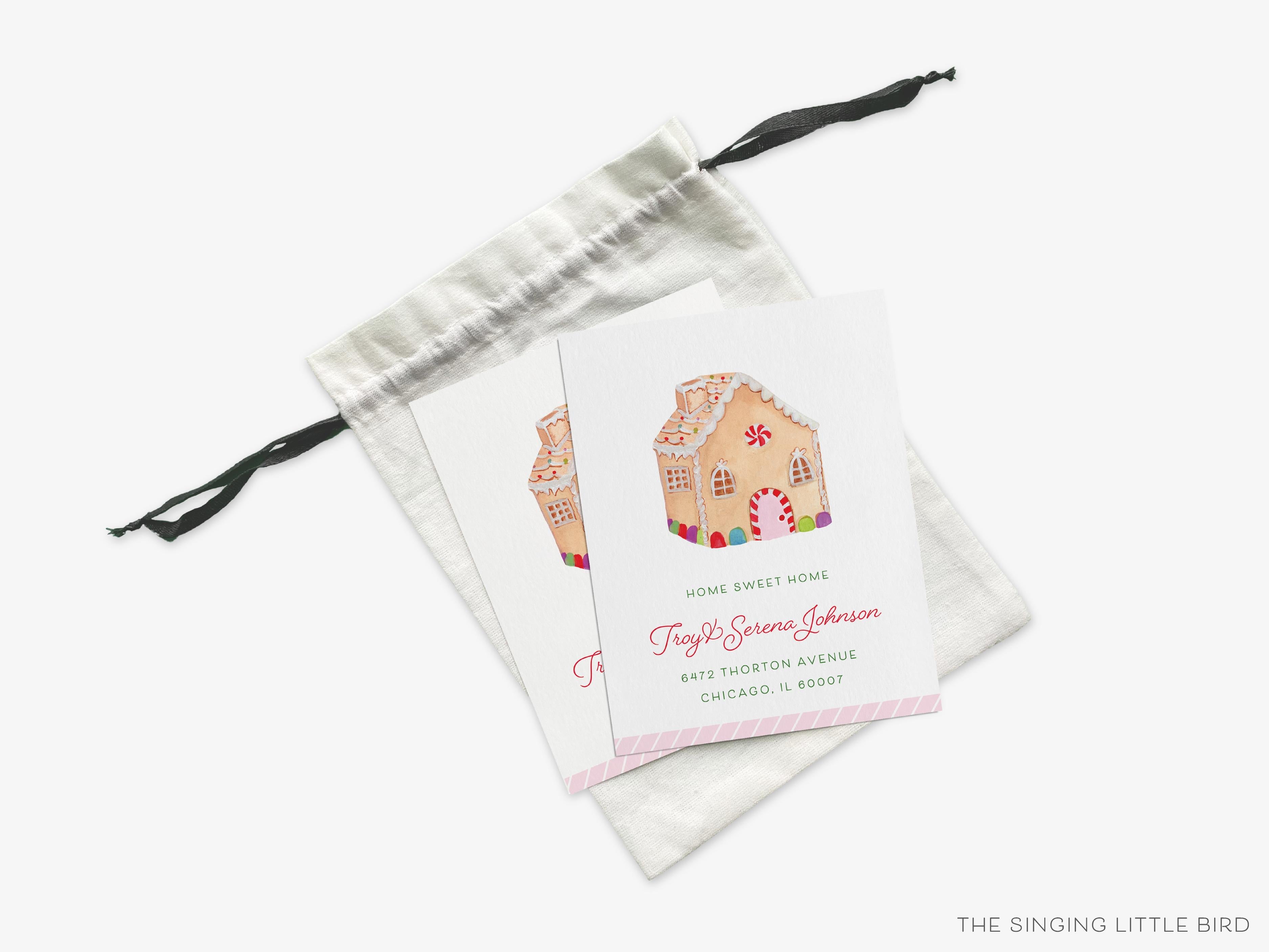 Gingerbread House Moving Announcement-These personalized flat change of address cards are 4.25x5.5 and feature our hand-painted watercolor Gingerbread house, printed in the USA on 120lb textured stock. They come with your choice of envelopes and make great moving announcements for the holiday lover.-The Singing Little Bird